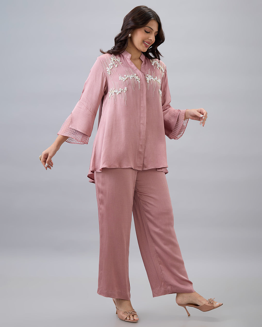 Rose Pink Pearl Embroidered Co-ord Set