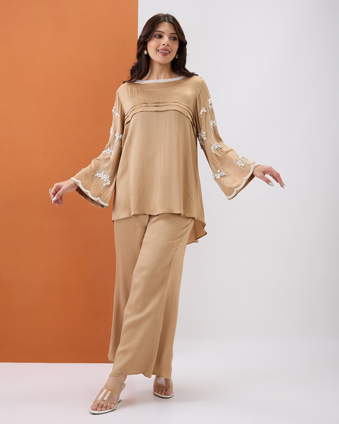 Beige Embroidered Pearl Co-ord Set