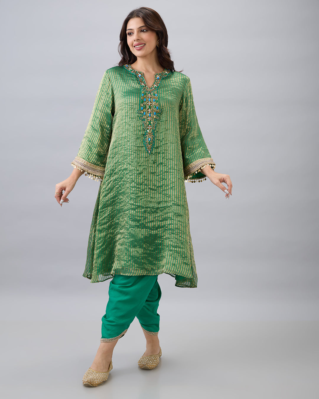 Green Tissue Kurta & Dhoti Pant Set