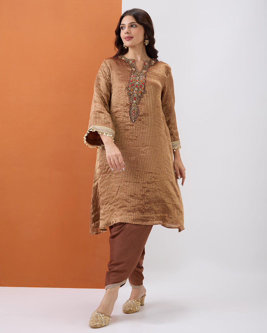 Copper Tissue Kurta & Dhoti Pant Set
