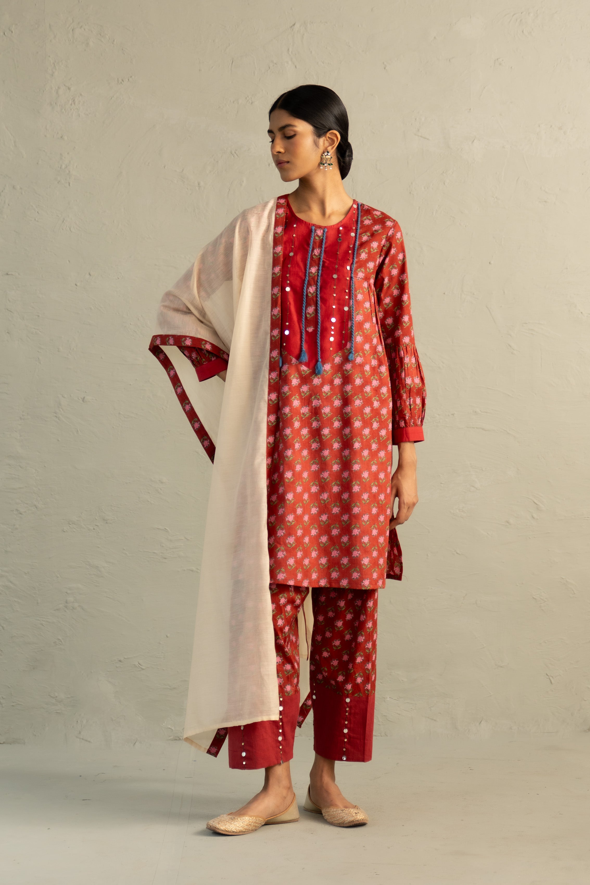 Red Phool Dori Short Kurta Salwar Set
