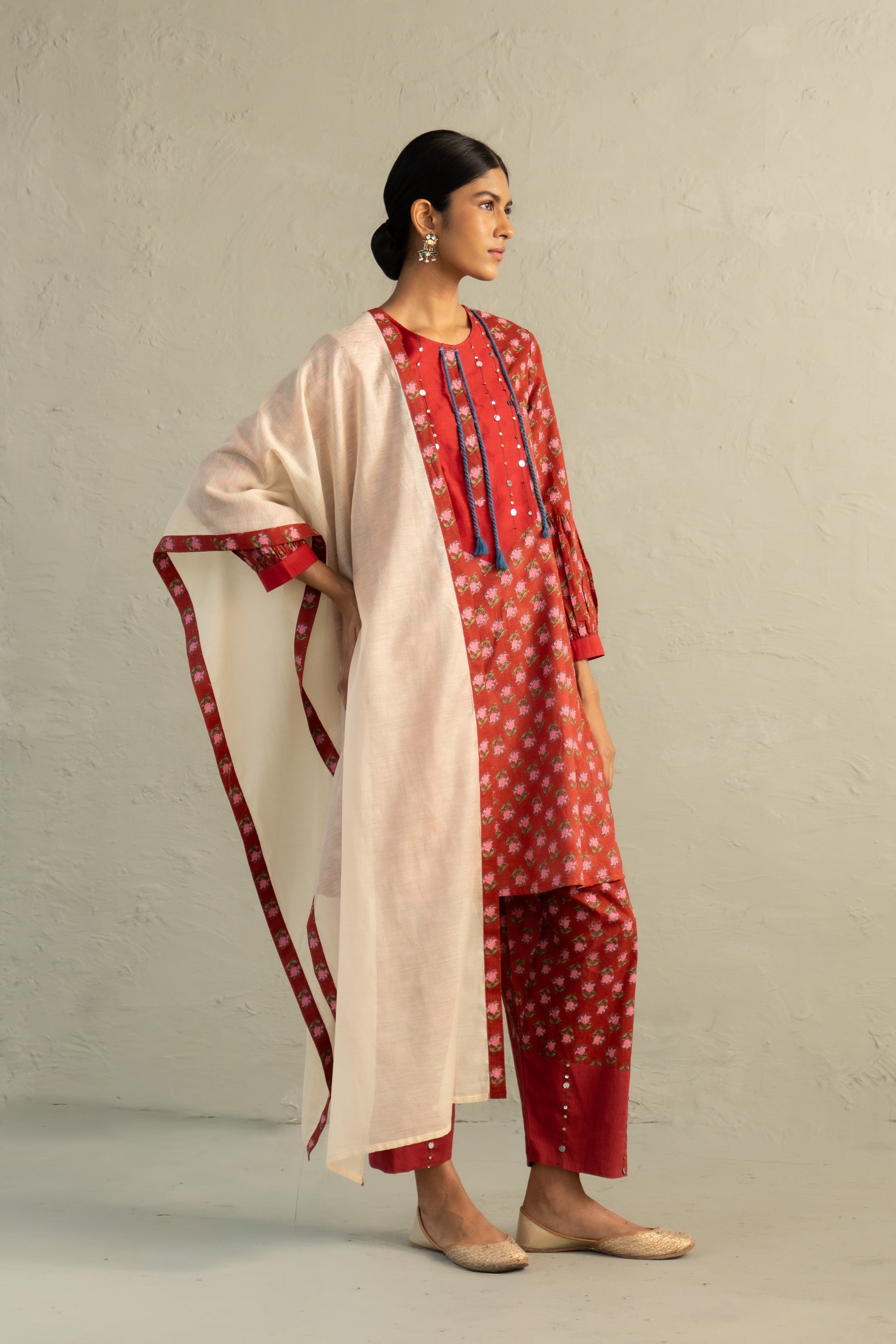 Red Phool Dori Short Kurta Salwar Set