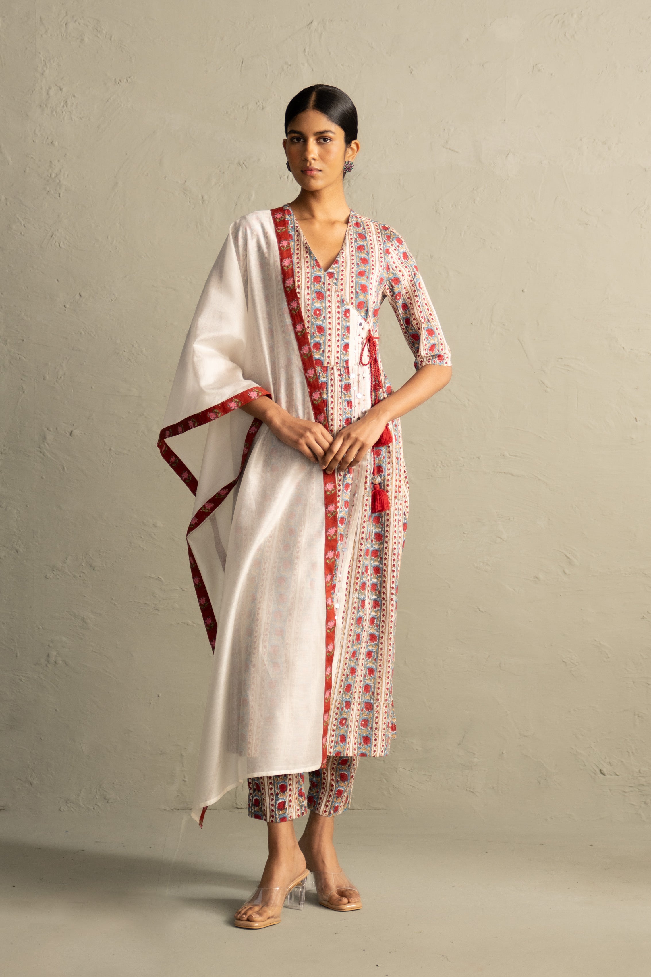 Cream Phool Dori Hand Block Angrakha Straight Kurta Set