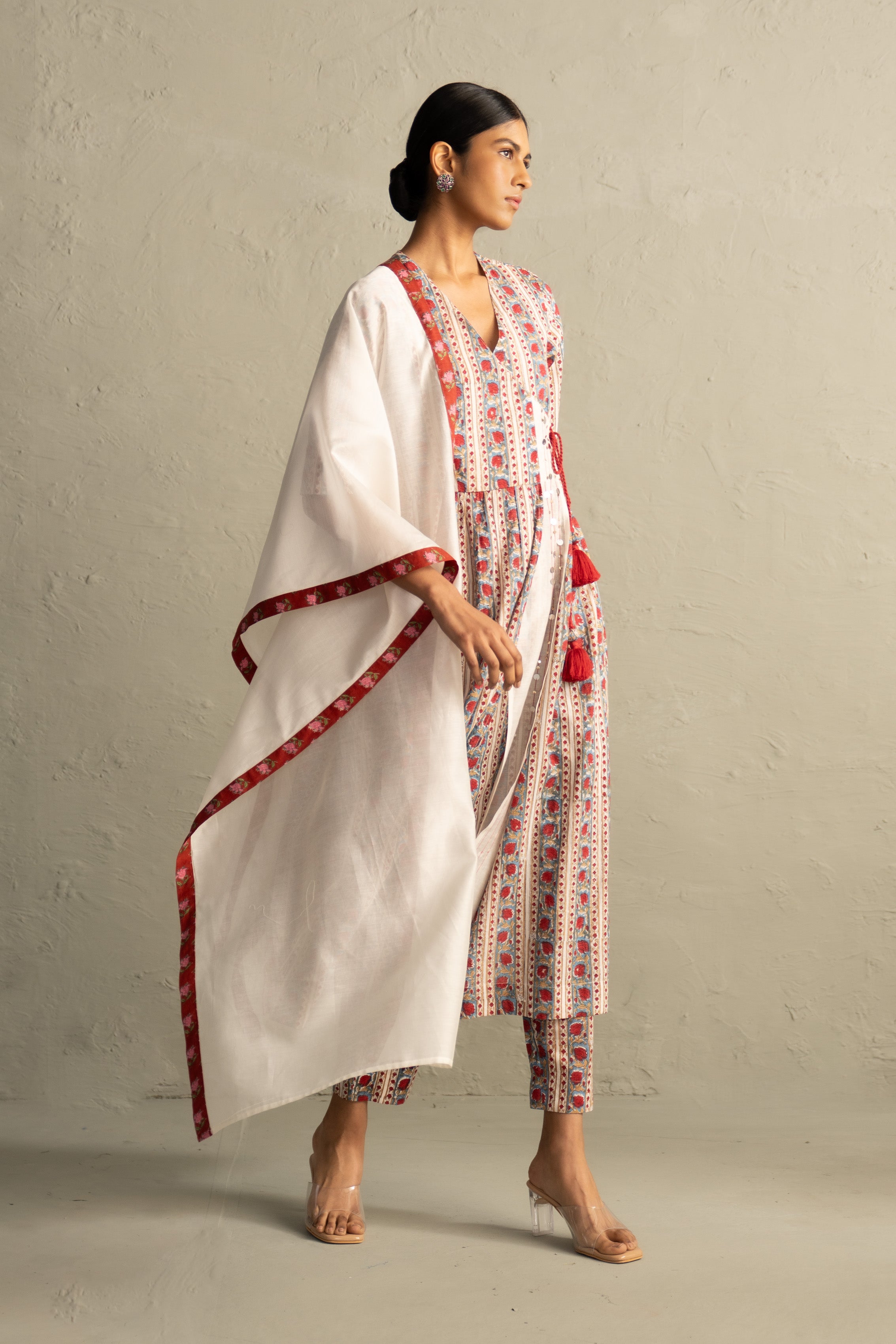 Cream Phool Dori Hand Block Angrakha Straight Kurta Set