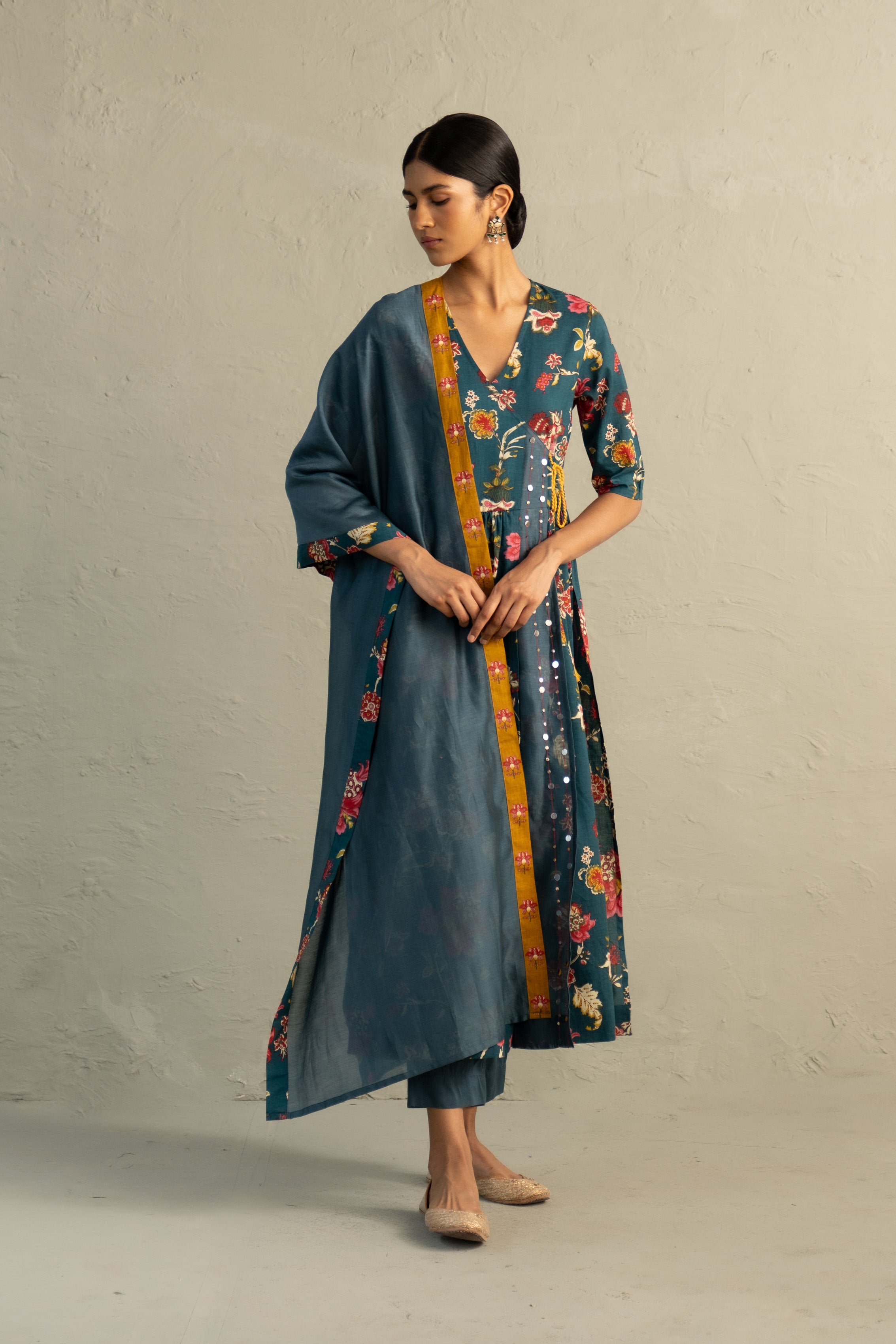 Teal Phool Dori Angrakha Straight Kurta Set