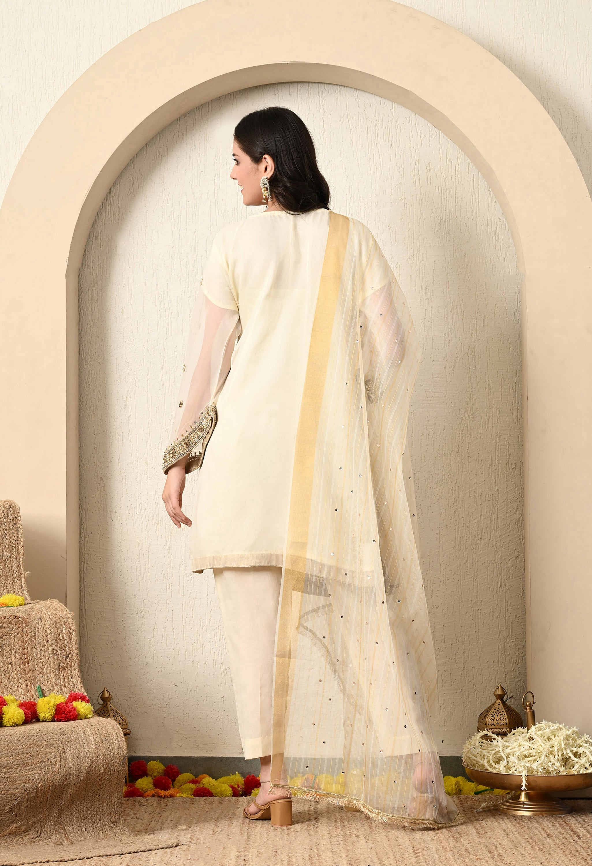 Cream Zardozi & Pearl Work Kurta Set