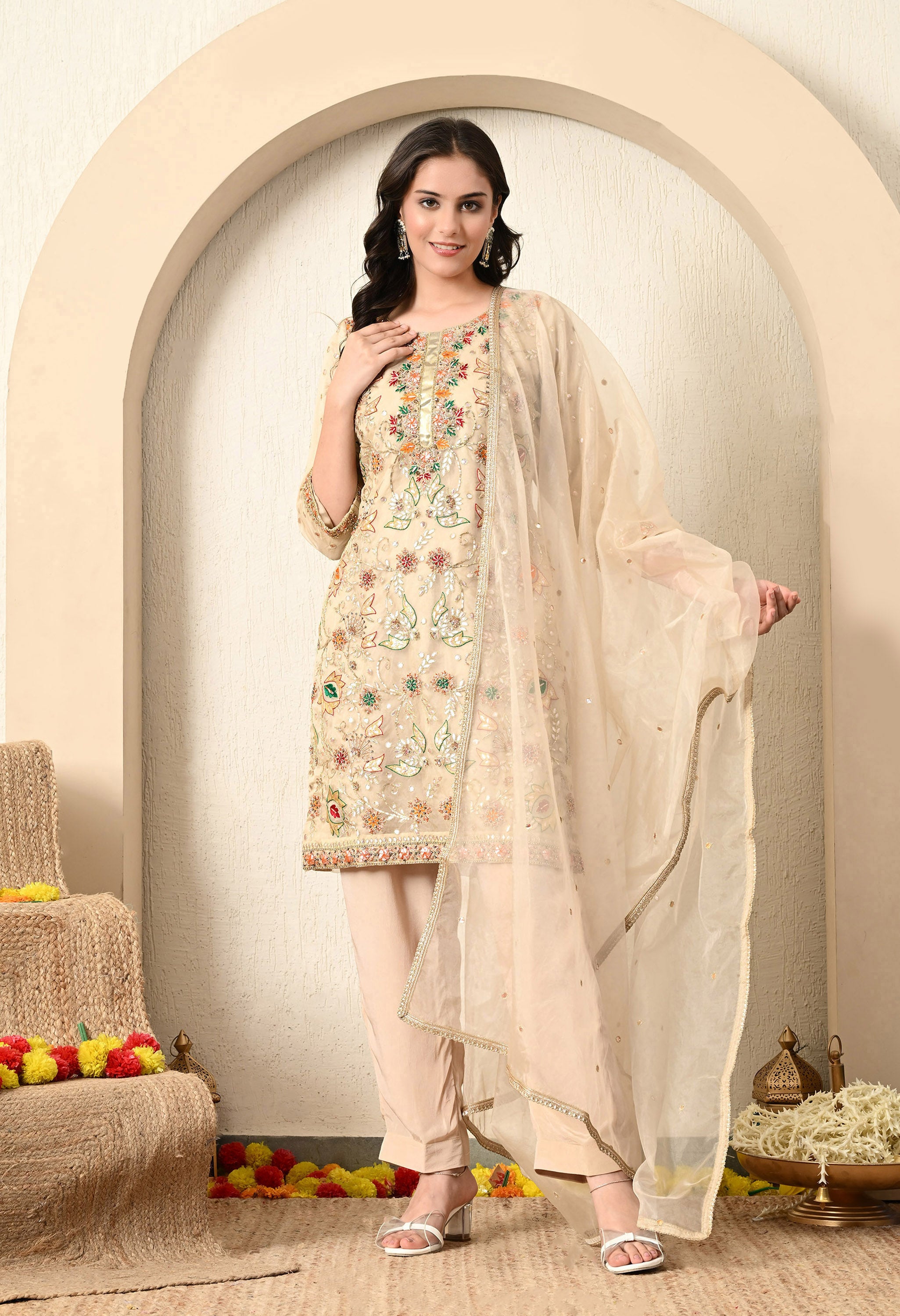 Golden Cream Gotta & Zardozi Work Kurta Set