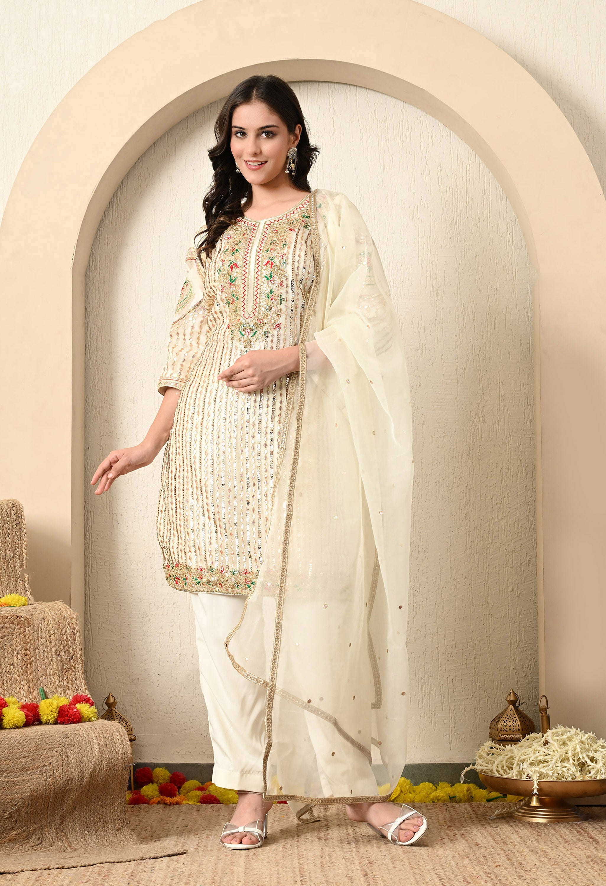 Golden Cream Zardozi & Sequence Work Kurta Set