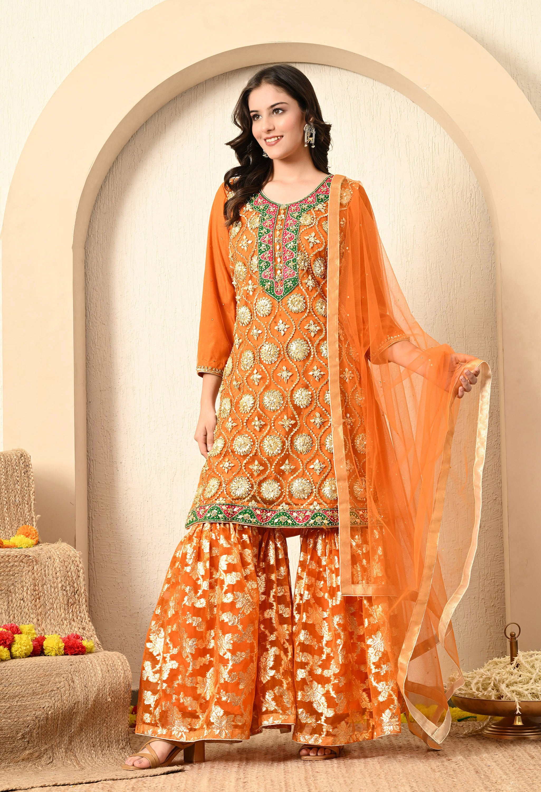 Light Orange Gotta & Zari Work Sharara Set