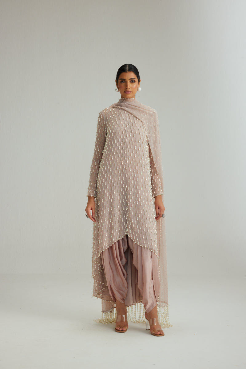 Ash Pink Pearl Drop Kurta set with Dupatta