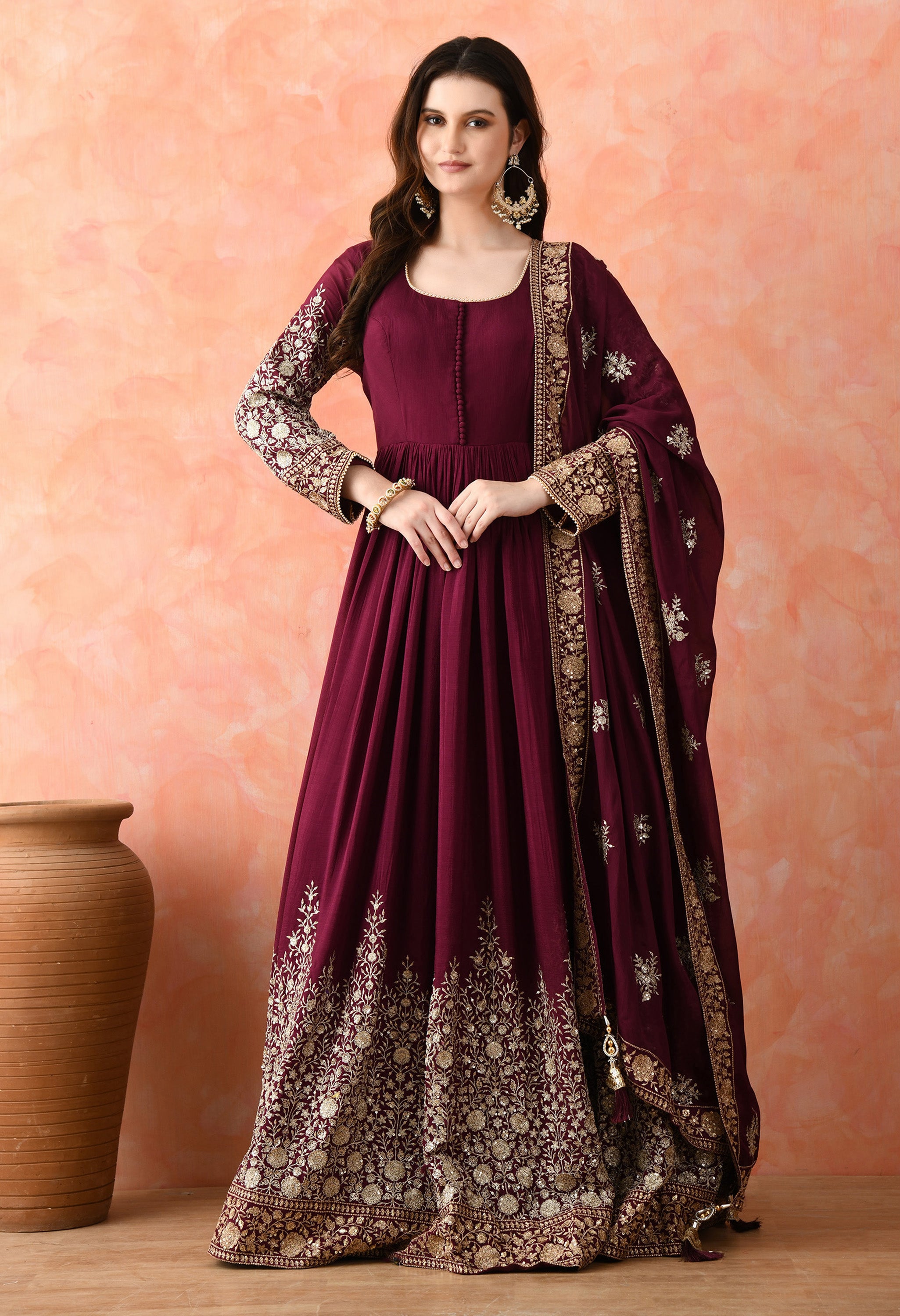 Wine Anarkali Set