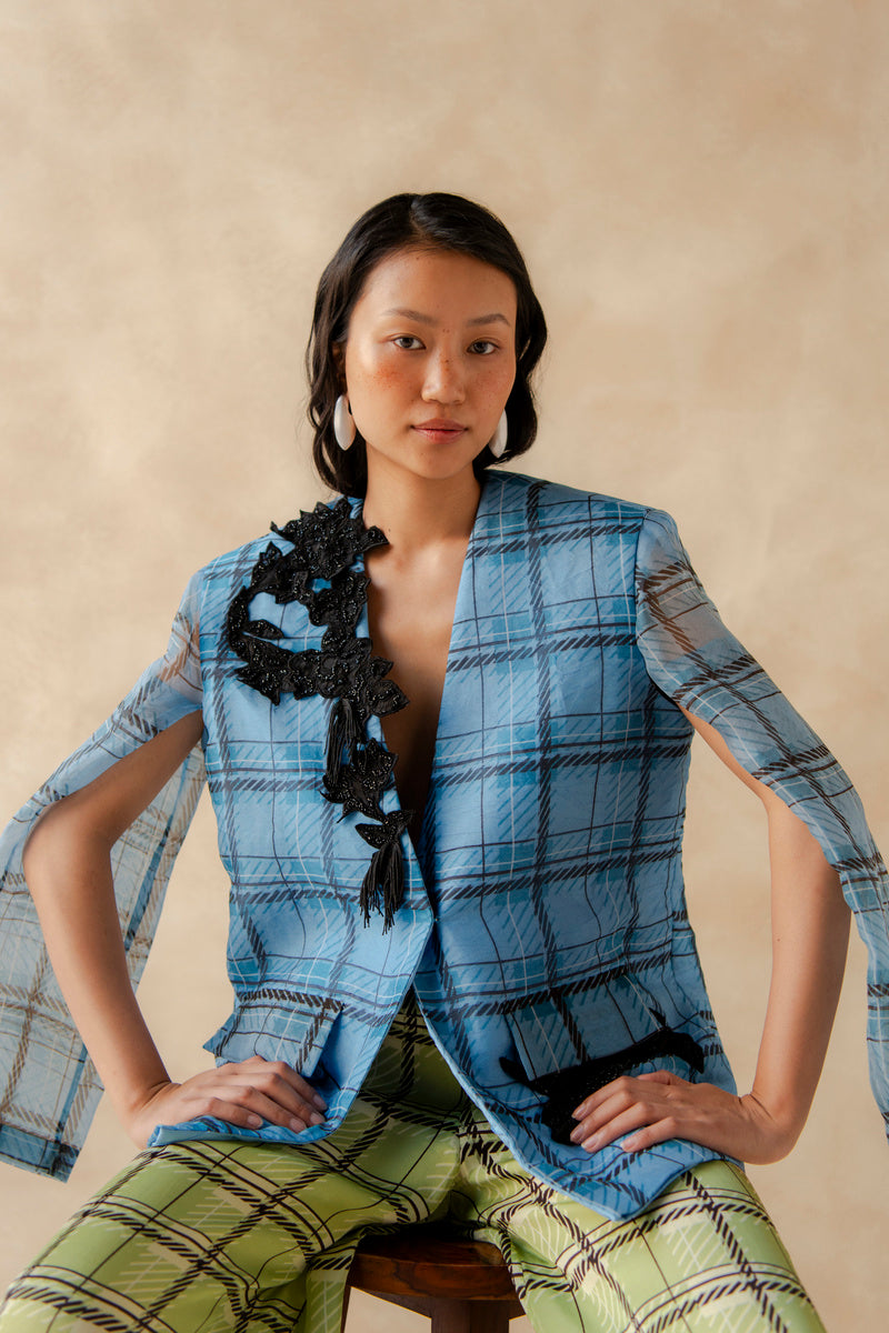 Plaid Embroidered Blazer With Plaid Pants