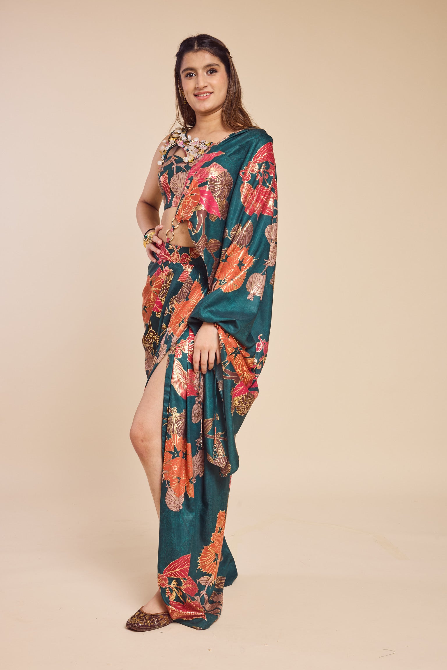 Asymmetric Blouse with Drape Skirt Saree