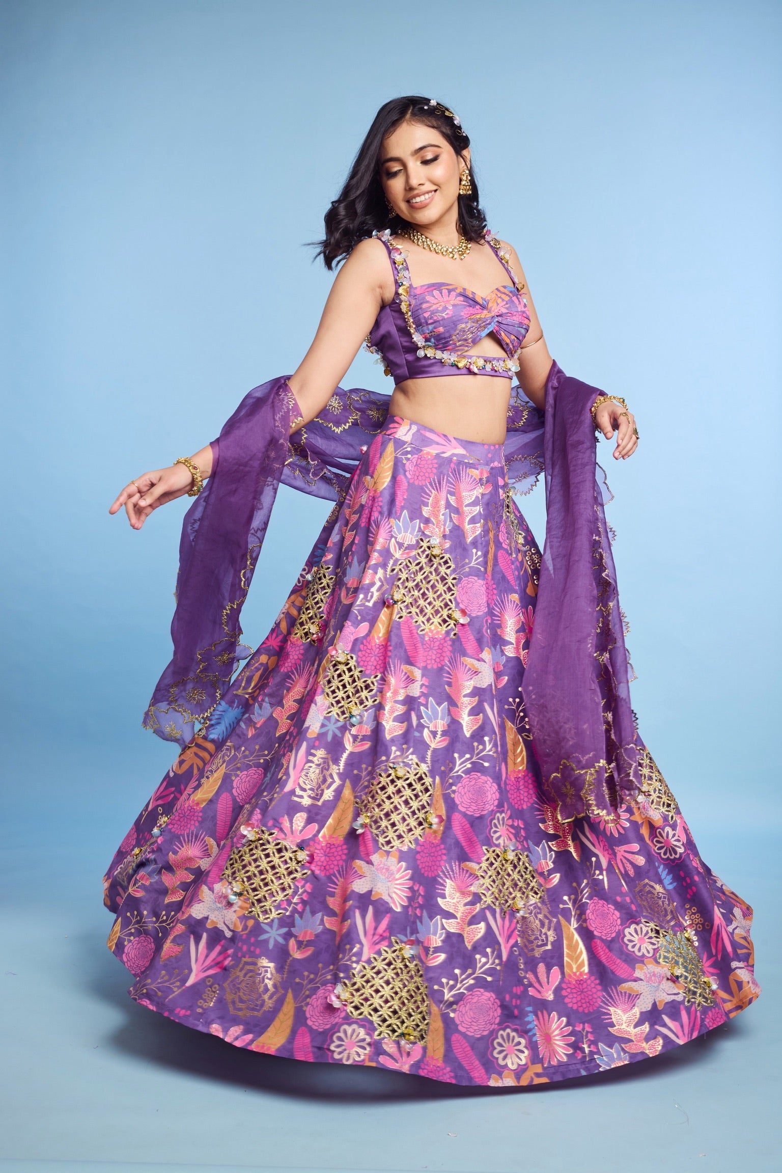 Cutwork Lehenga with Twist Blouse and Organza Dupatta
