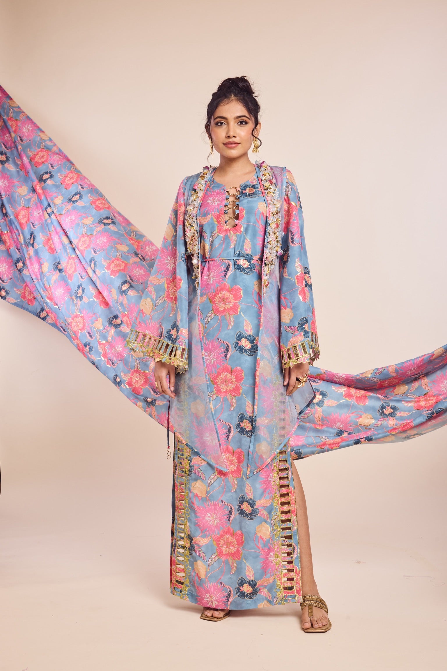 Long Kurta with Organza Cape