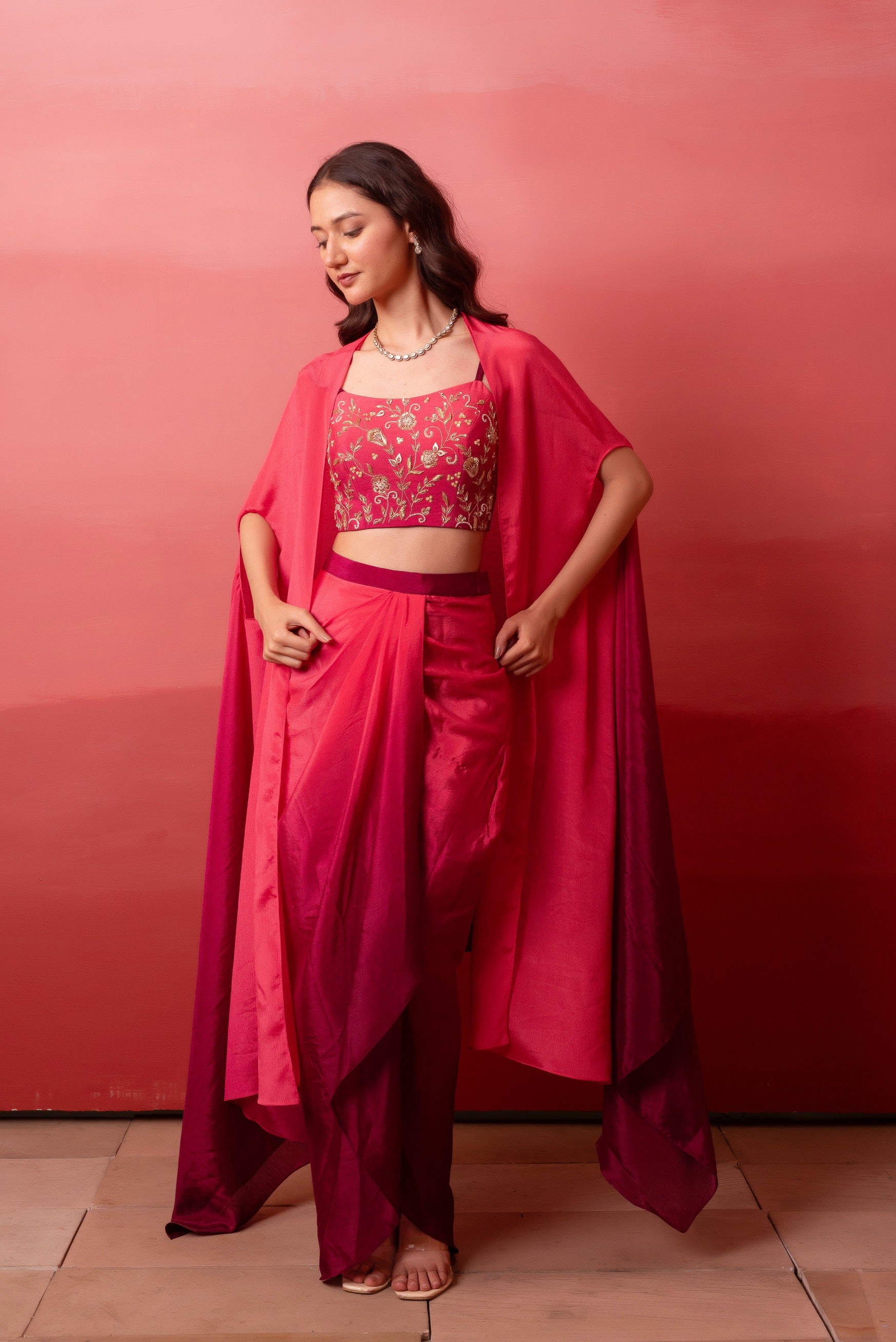Pre-Drape Skirt With Handwork Blouse & Ombre Dupatta