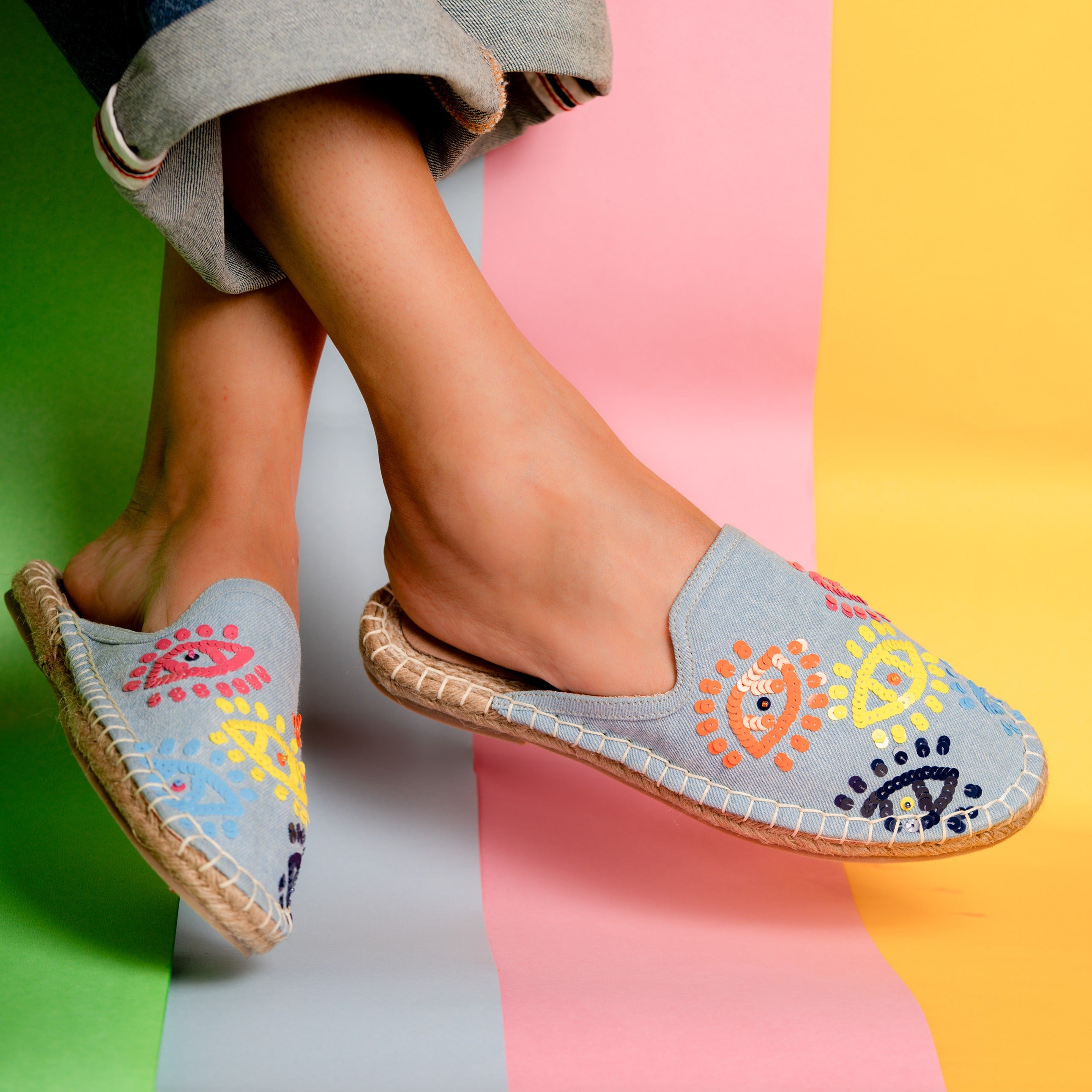 JOIE EVIL EYE DENIM ESPADRILLES FLATS
