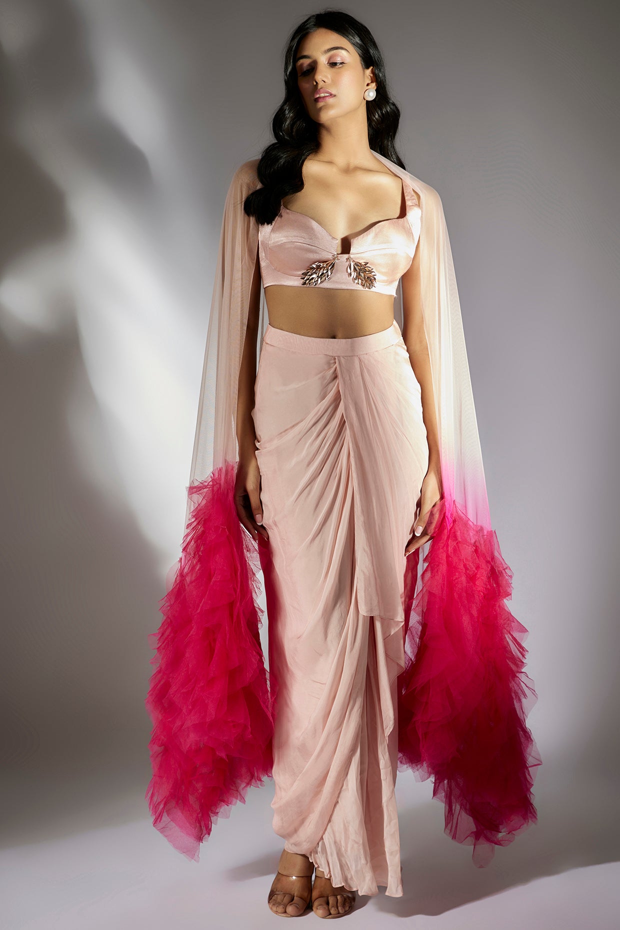 Peach Pink Embroidered Drape Skirt Set With Ombre Ruffle Dupatta