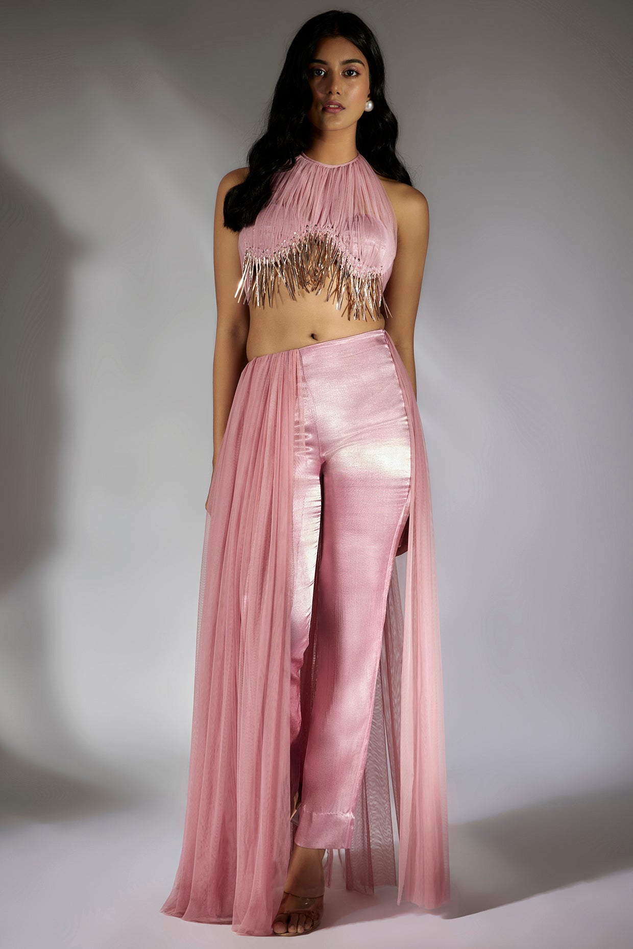 Onion Pink Embroidered Ruched Pant Set