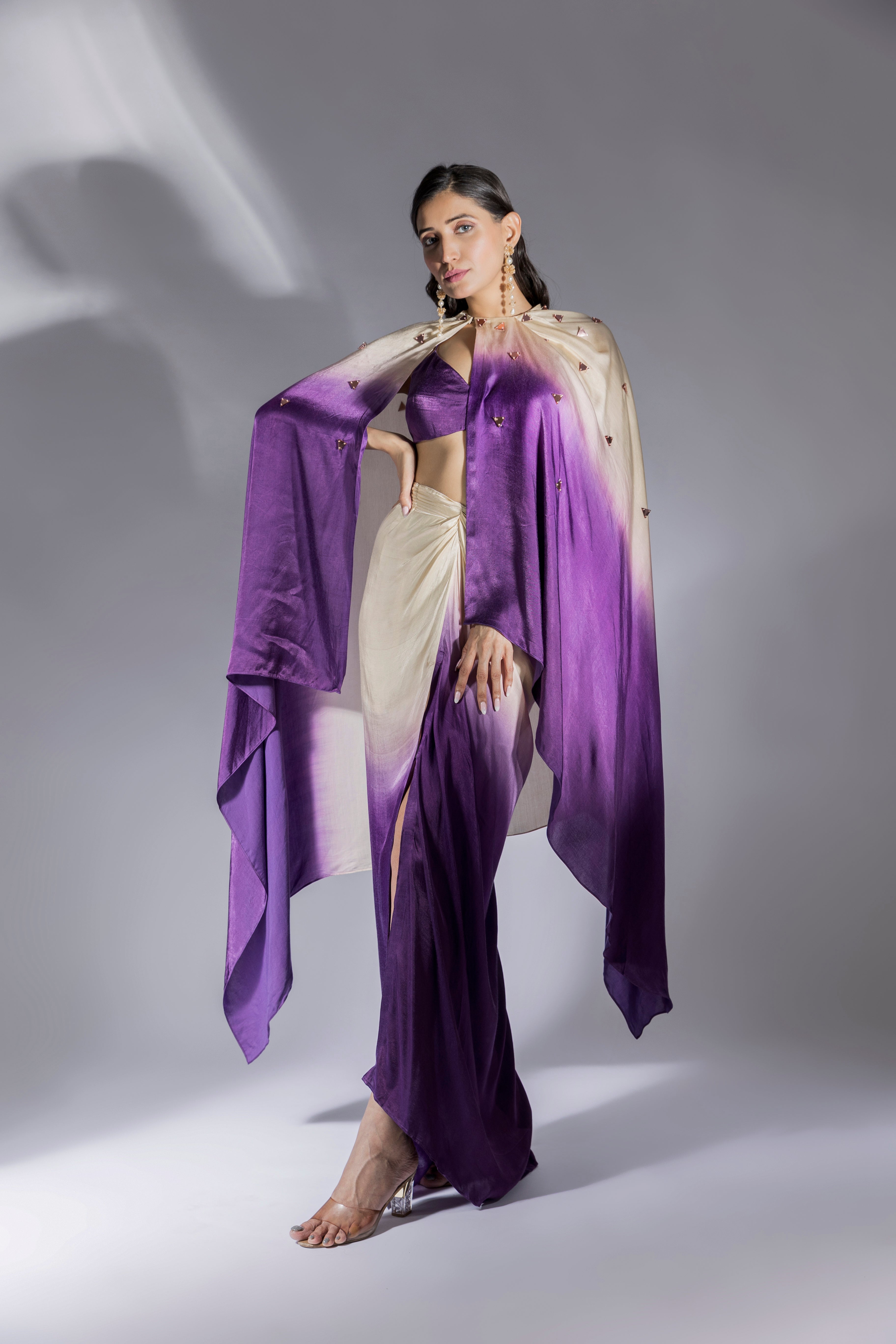 Purple And Beige Ombre Embroidered Skirt Set With Cape