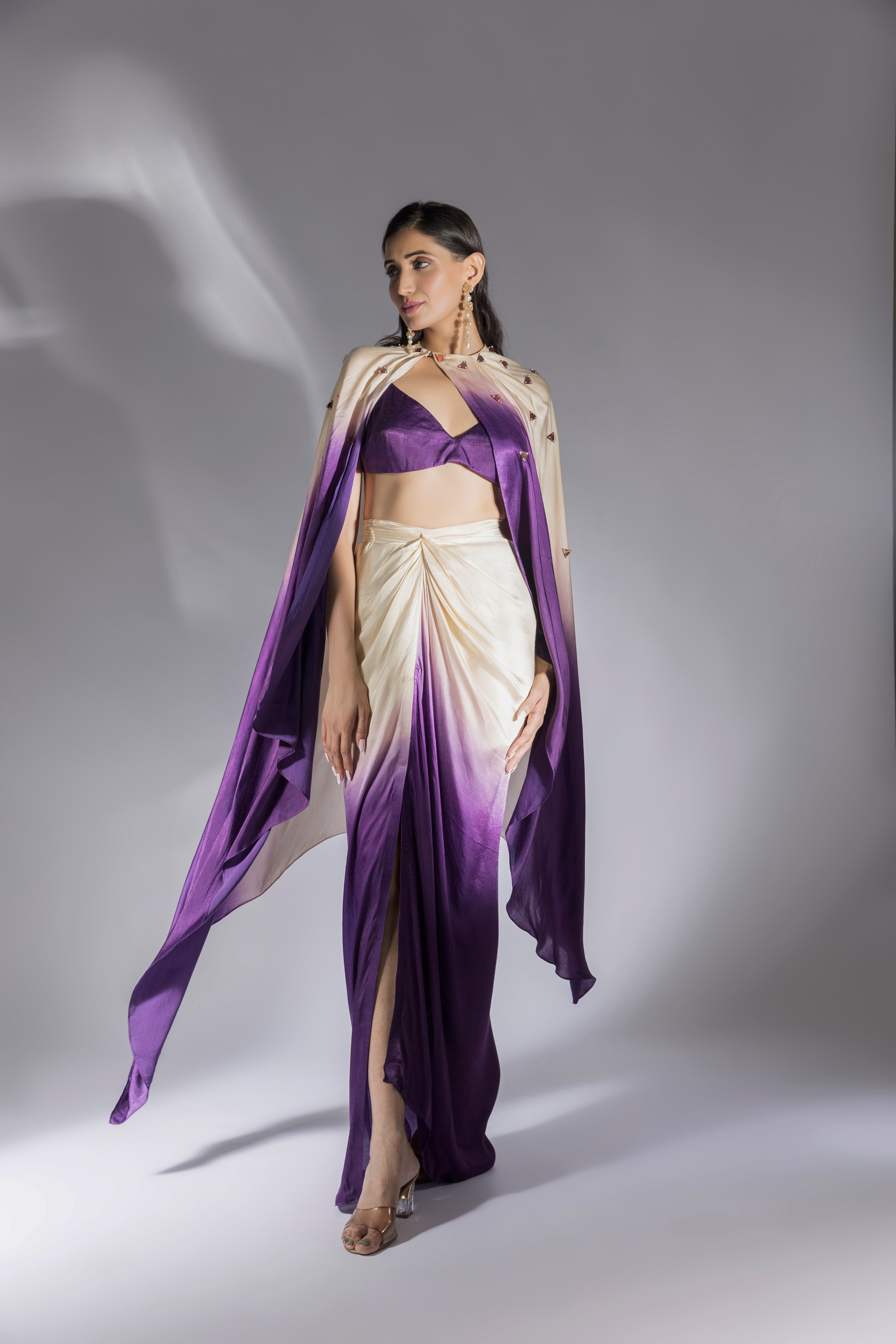 Purple And Beige Ombre Embroidered Skirt Set With Cape