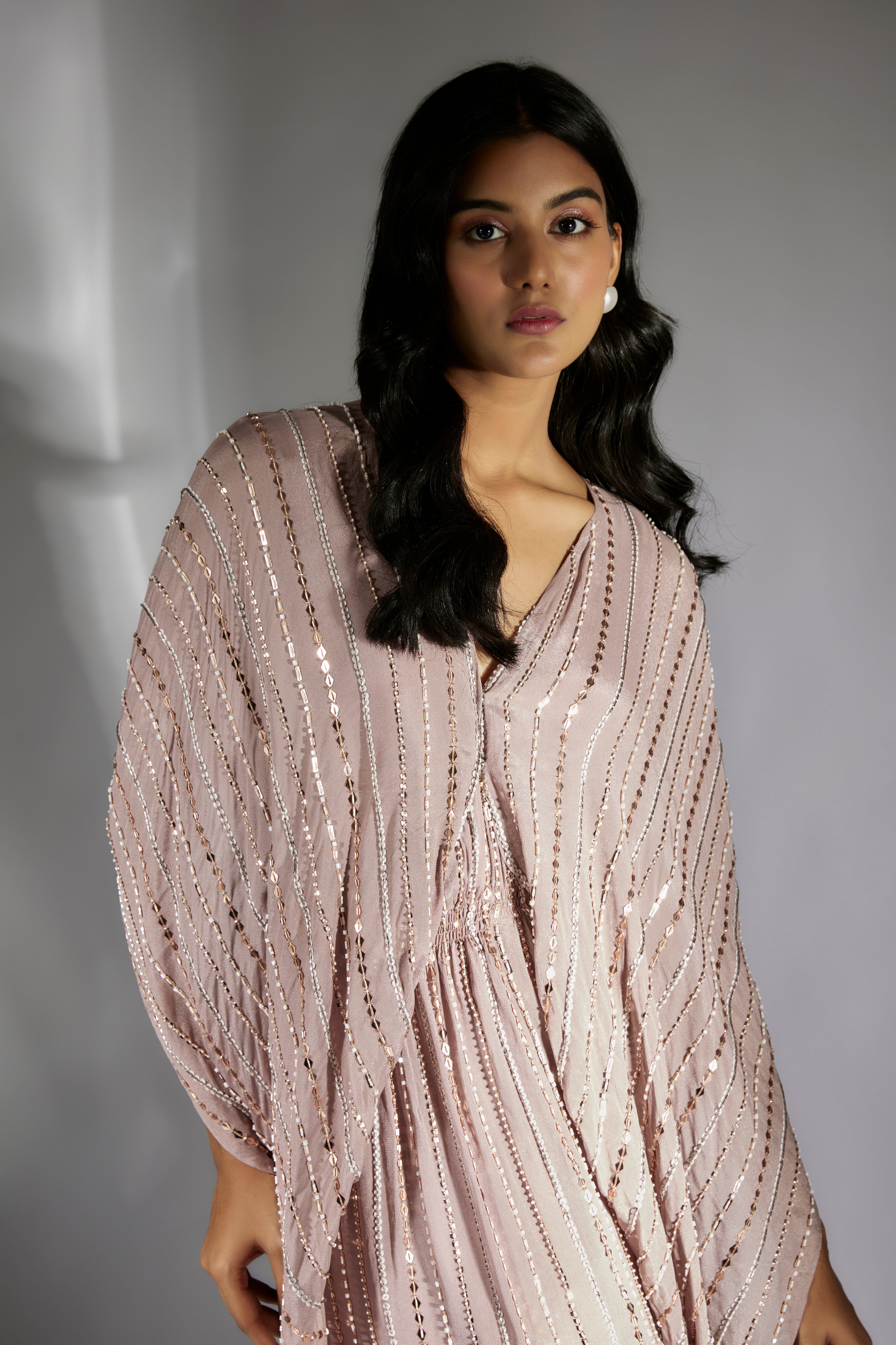 Mauve Embroidered Drape Dress