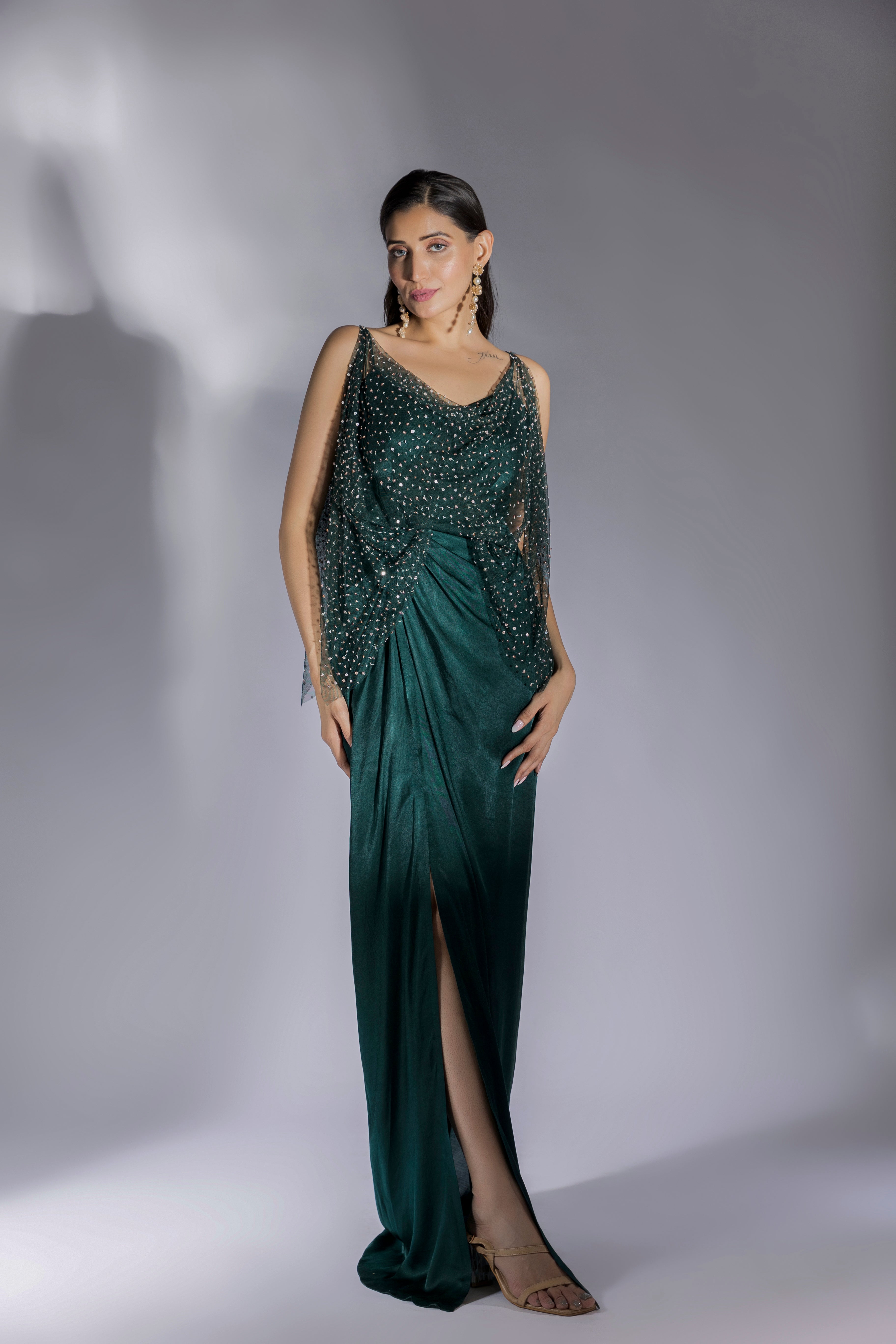 Bottle Green Embroidered Drape Dress