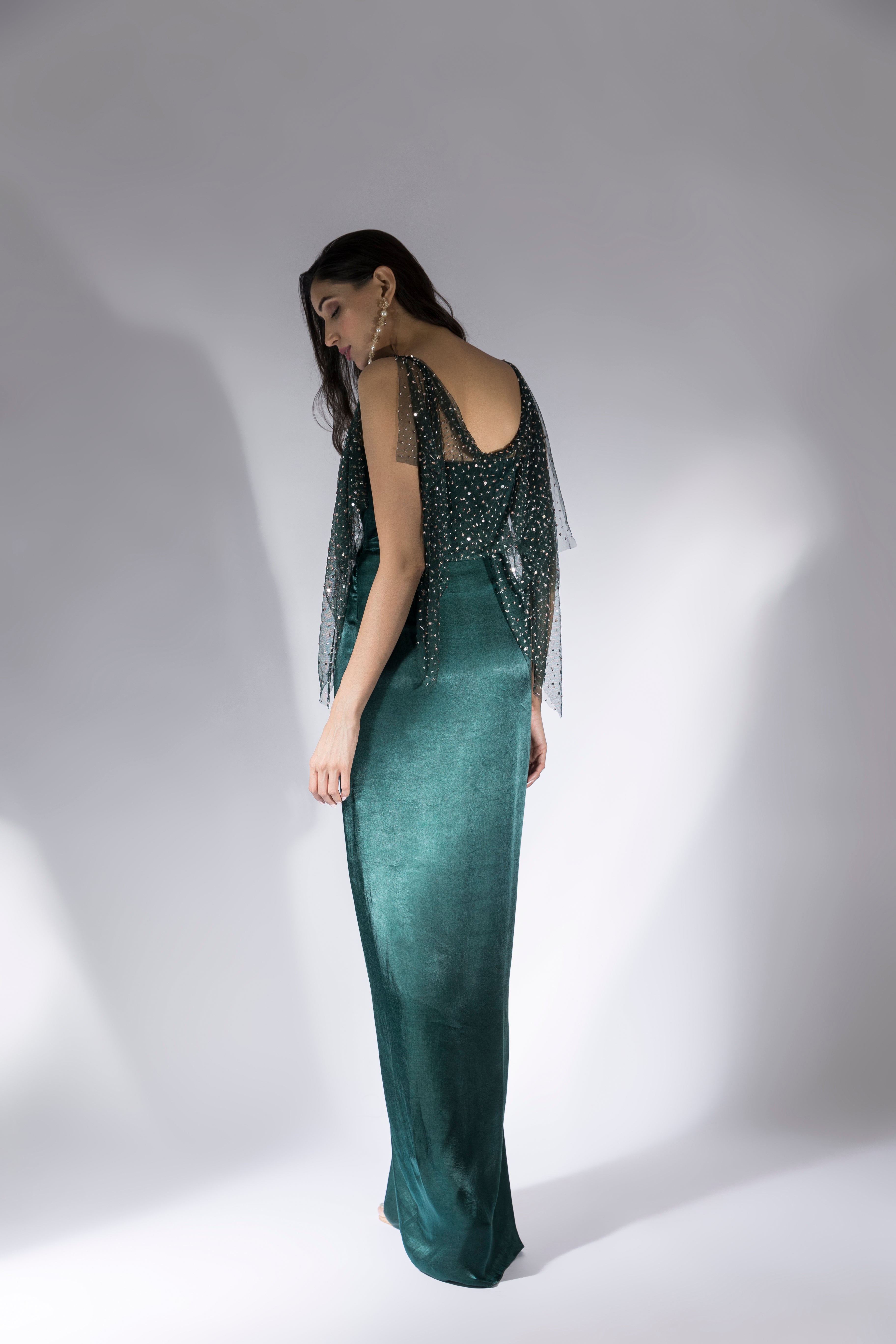 Bottle Green Embroidered Drape Dress