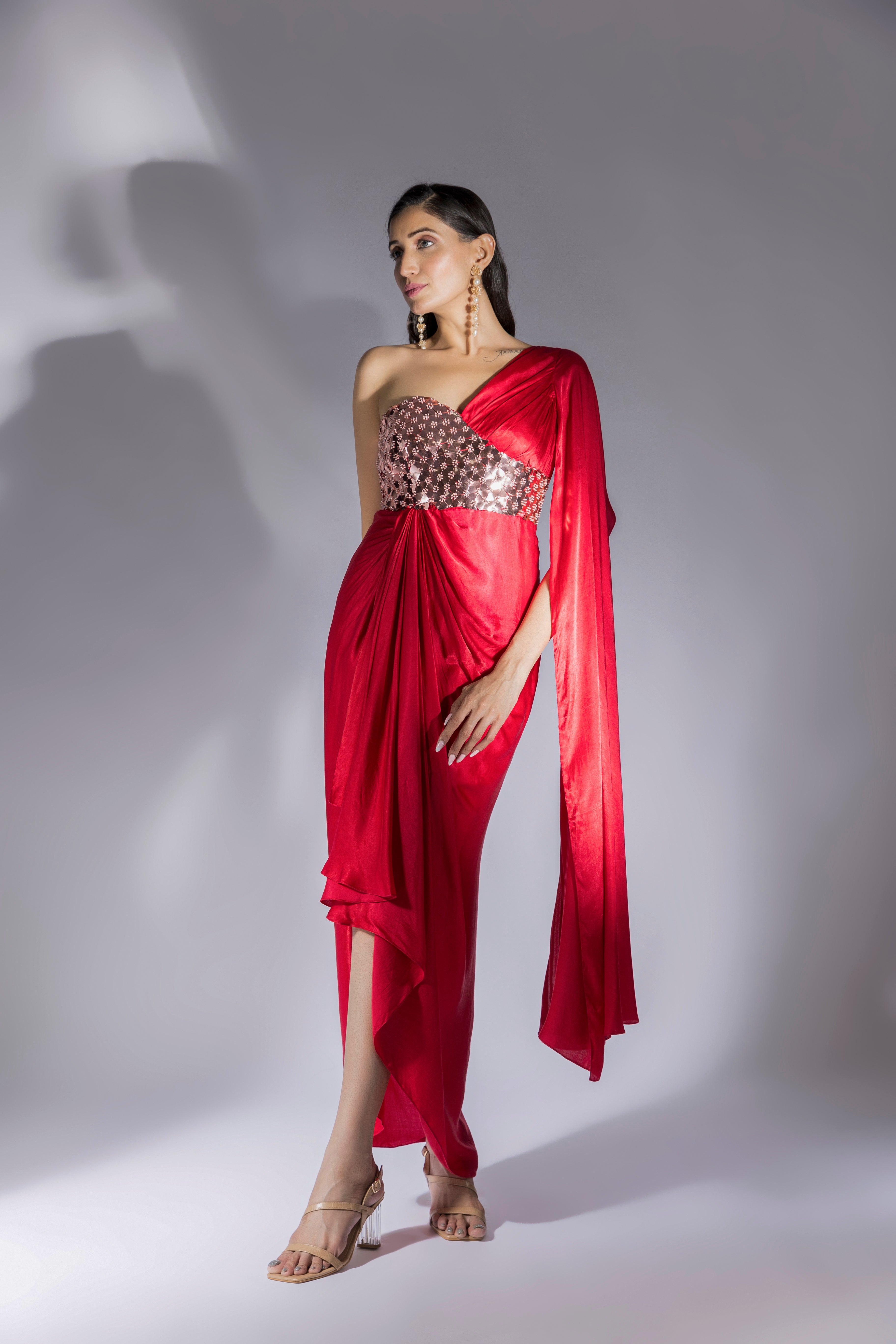 Red Embroidered Drape Dress