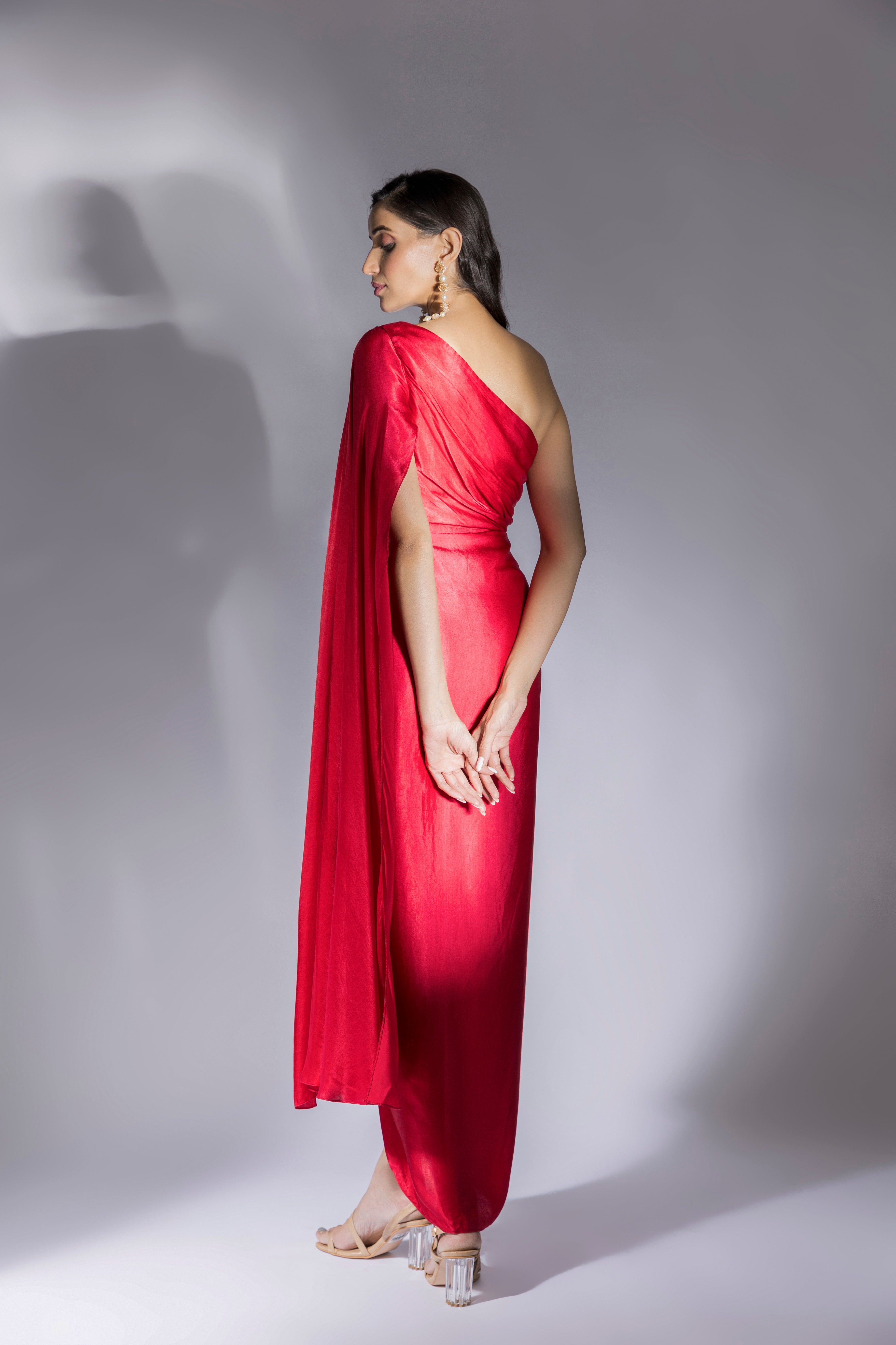 Red Embroidered Drape Dress
