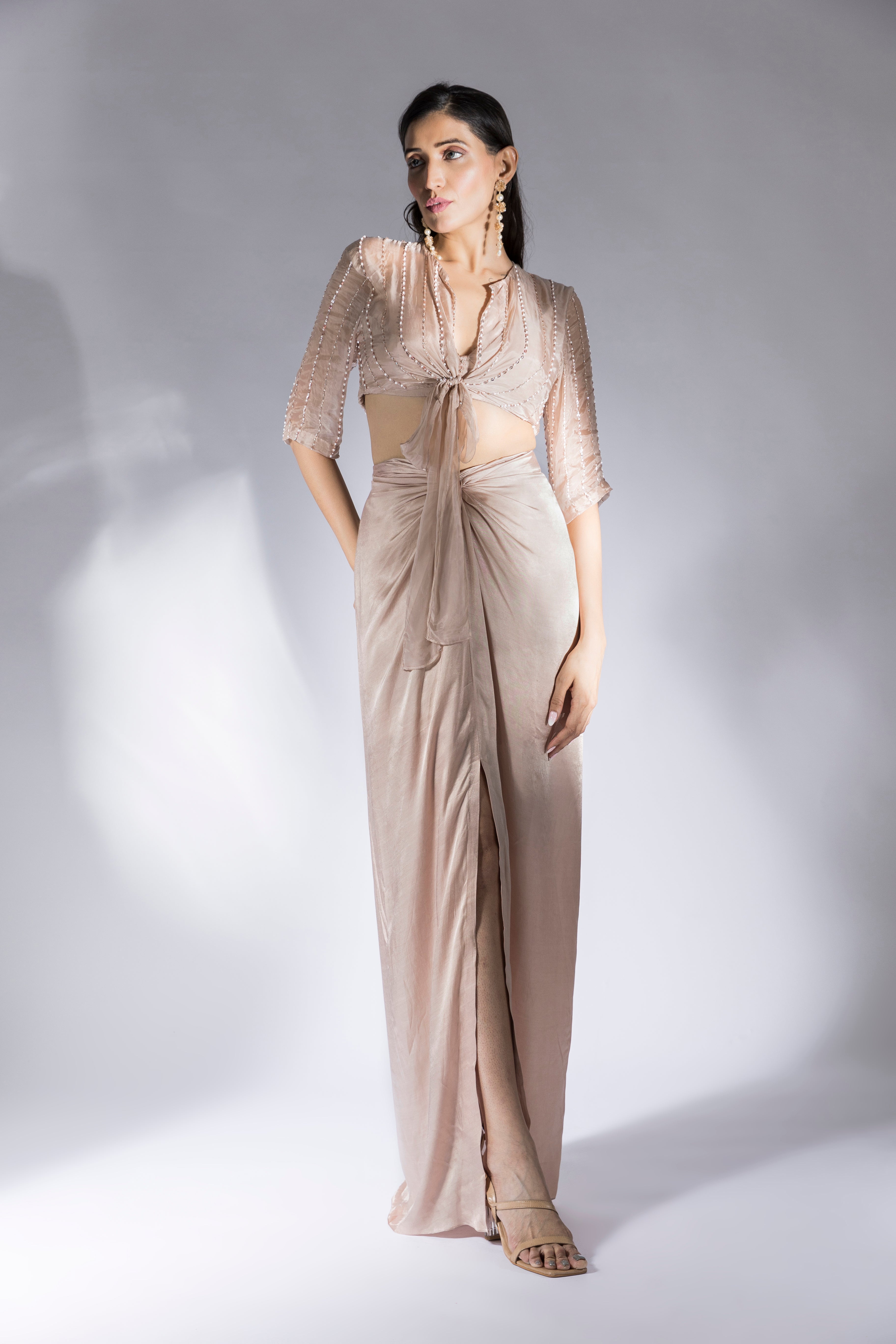 Chikoo Drape Skirt Set With Embroidered Top