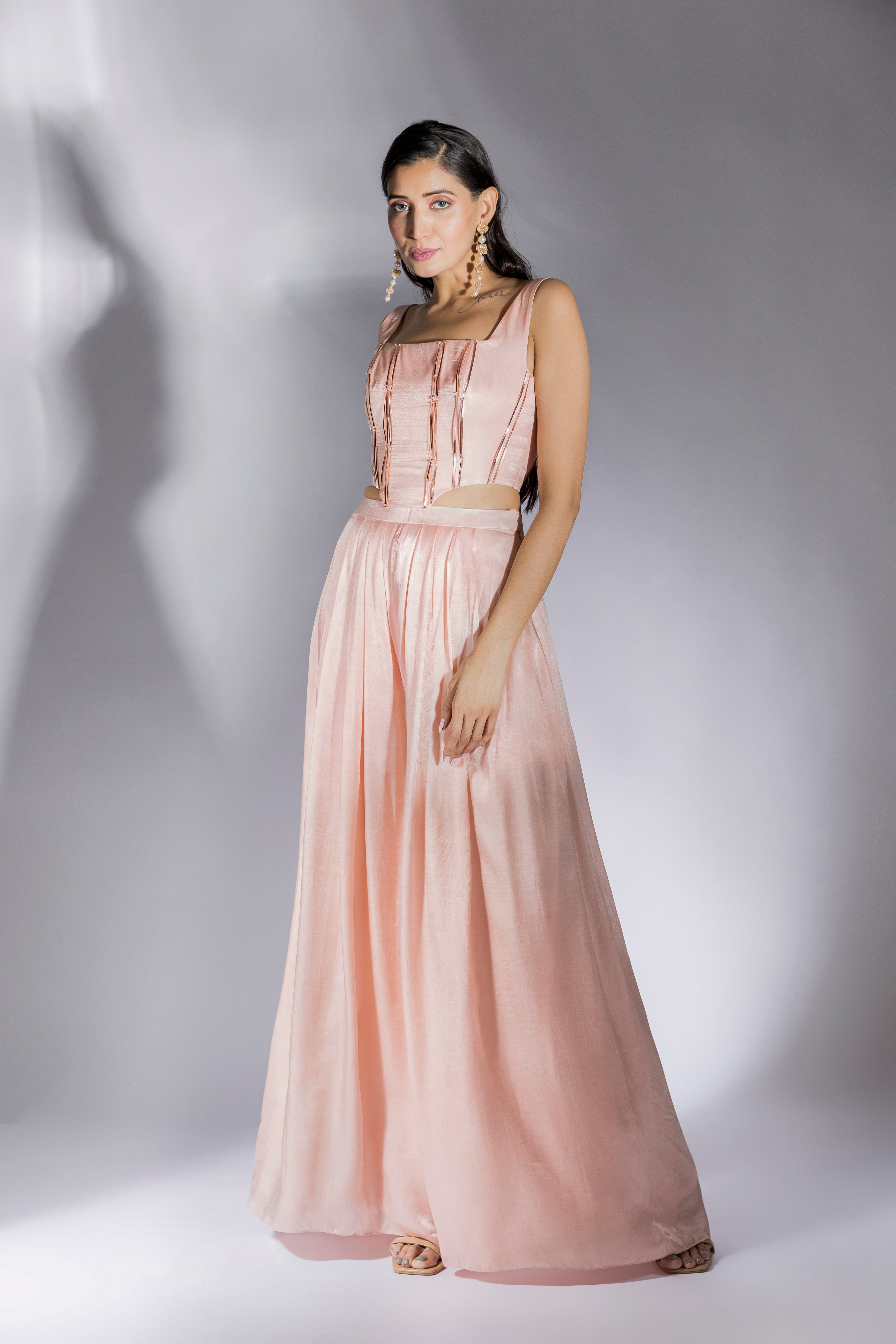 Peach Pink Embroidered Corset With Pant