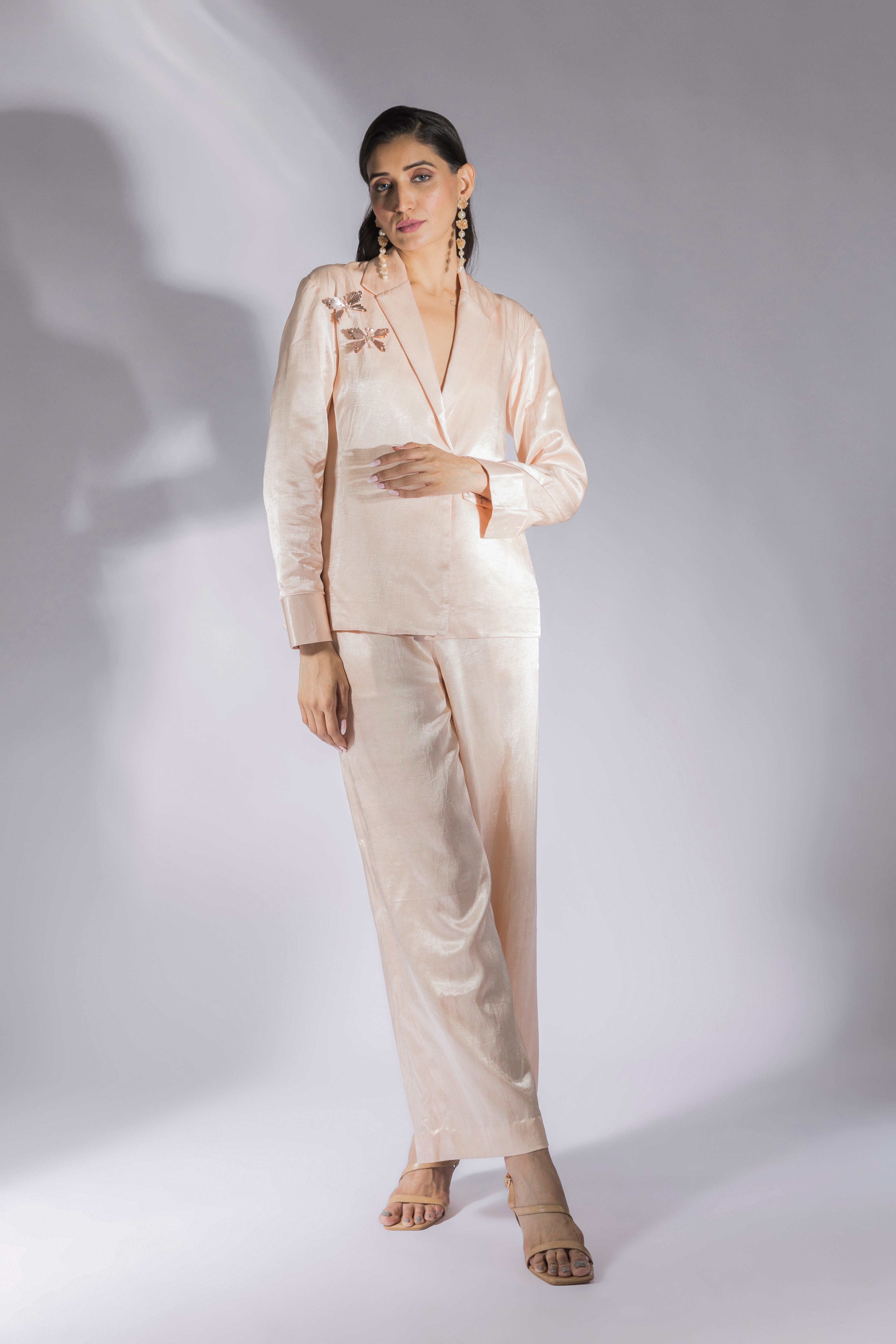 Peach Pink Embroidered Blazer Set