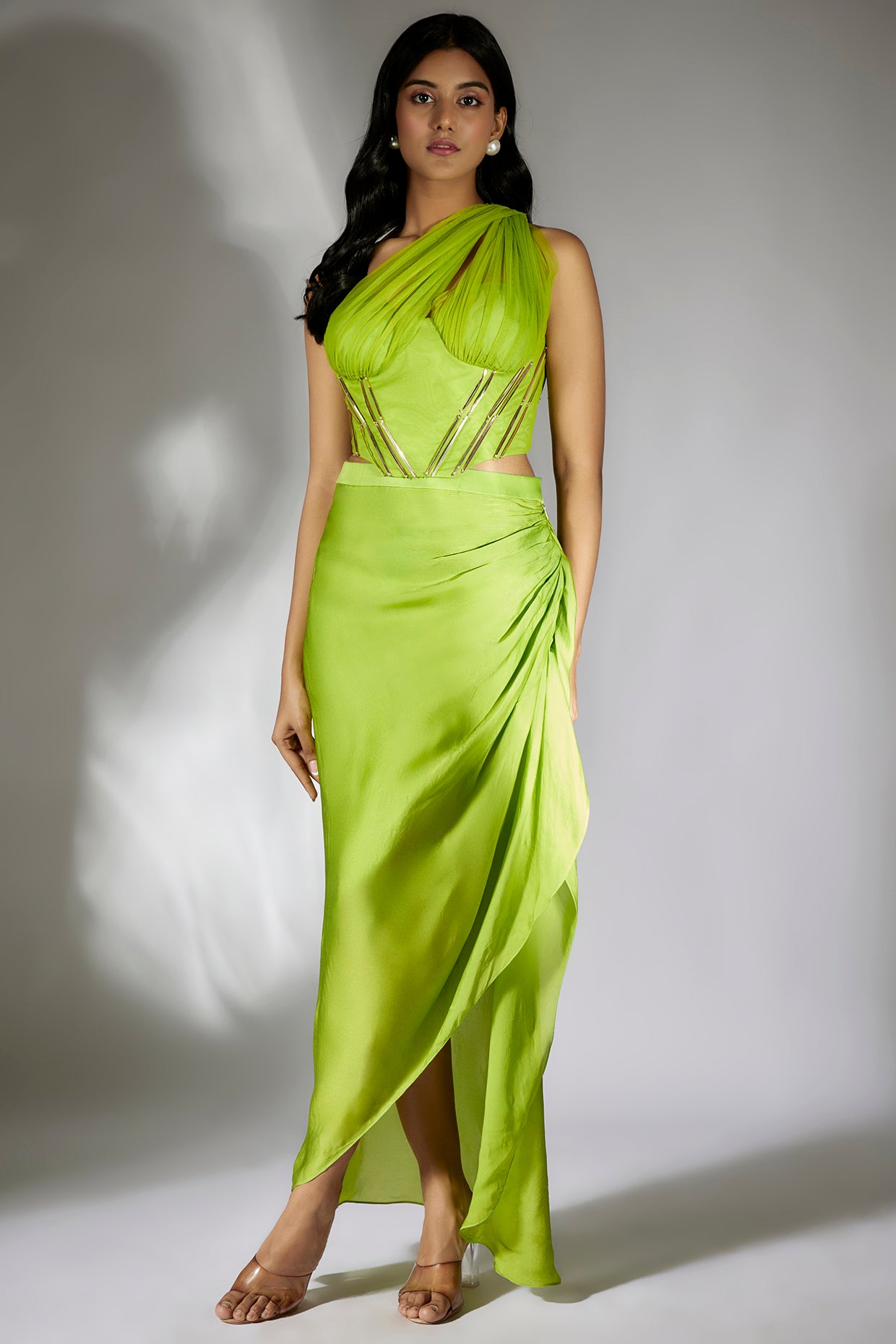 Green Embroidered Ruched Top With Drape Skirt