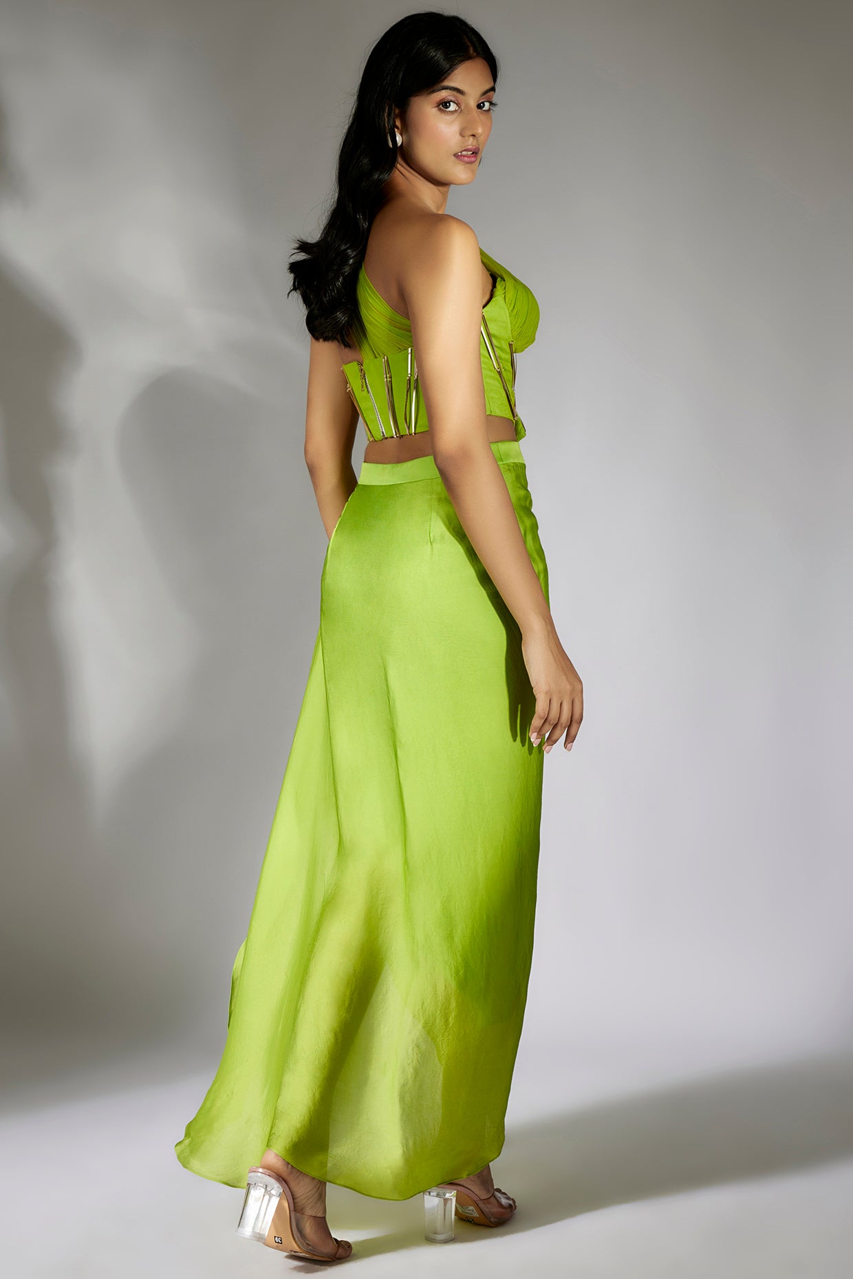 Green Embroidered Ruched Top With Drape Skirt