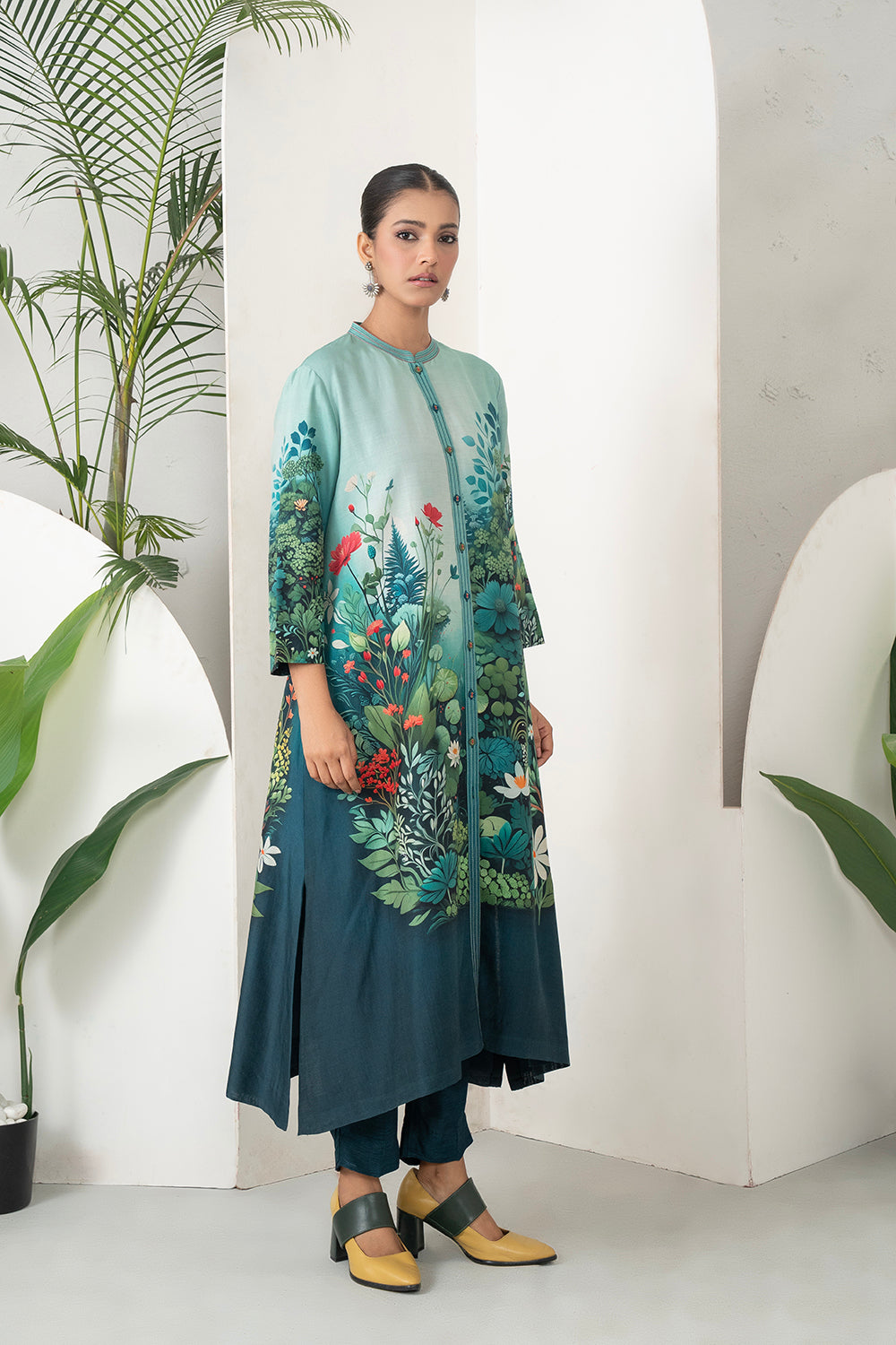 Blue Fades Gently From Mint To Midnight Silk Chanderi Hand-Painted Garden Printed Dress Set (3 PCS)