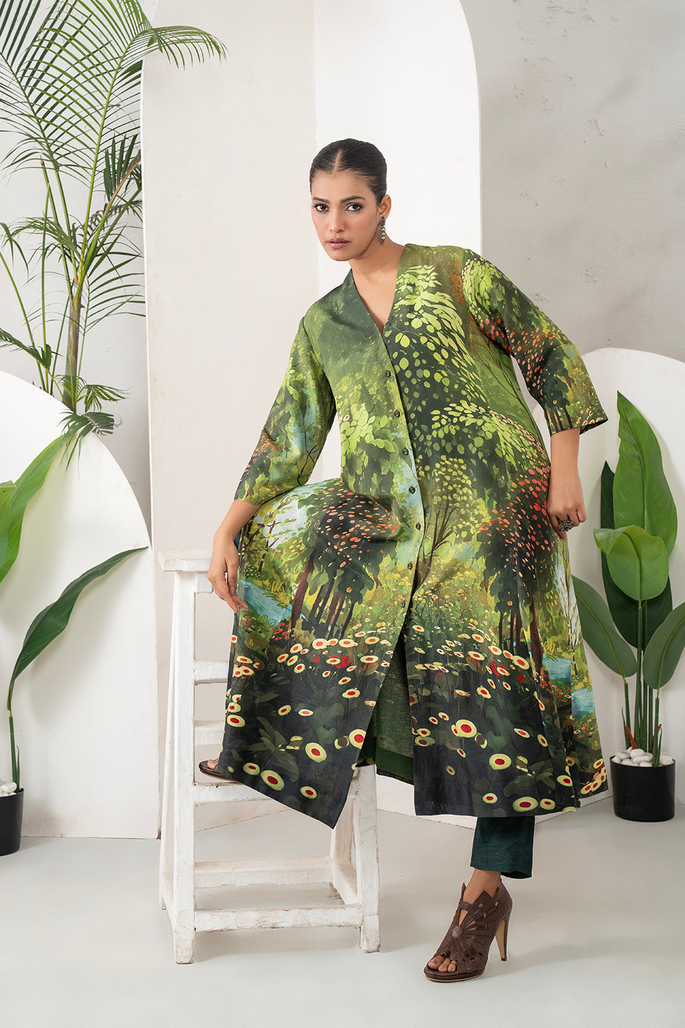 Shades Of Green Silk Chanderi Front Open Nature Inspired Printed Dress Set (2 PCS)
