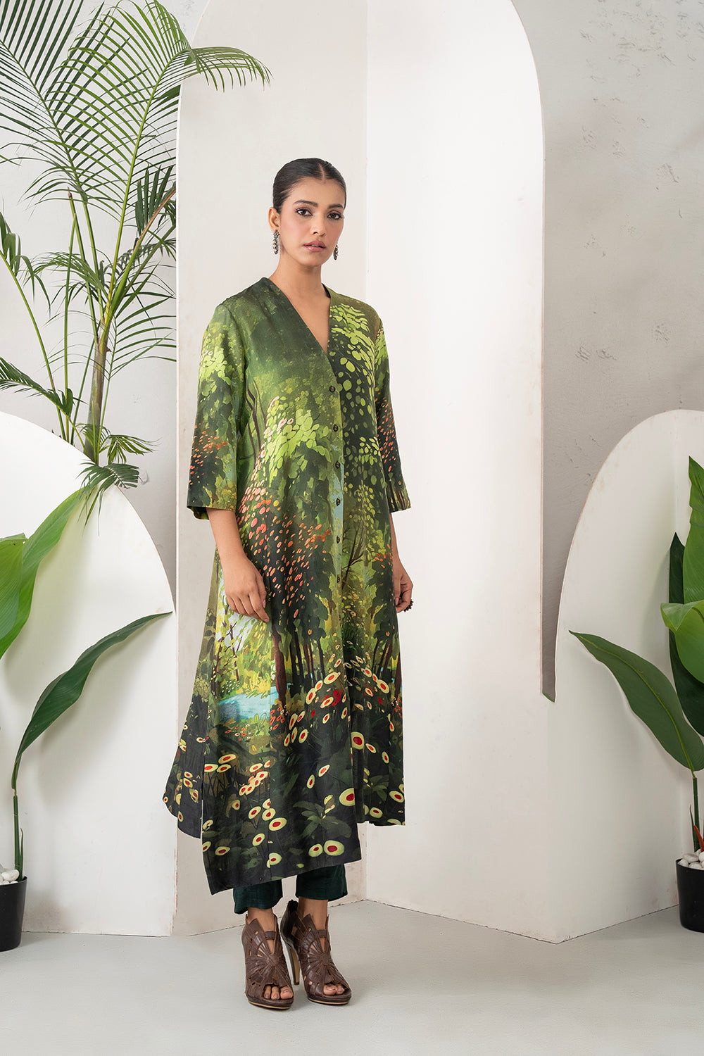 Shades Of Green Silk Chanderi Front Open Nature Inspired Printed Dress Set (2 PCS)