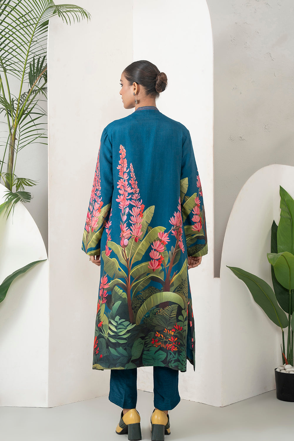 Indigo Silk Chanderi Front-Pleated Tropical Floral Illustration Printed Dress Set (2 PCS)