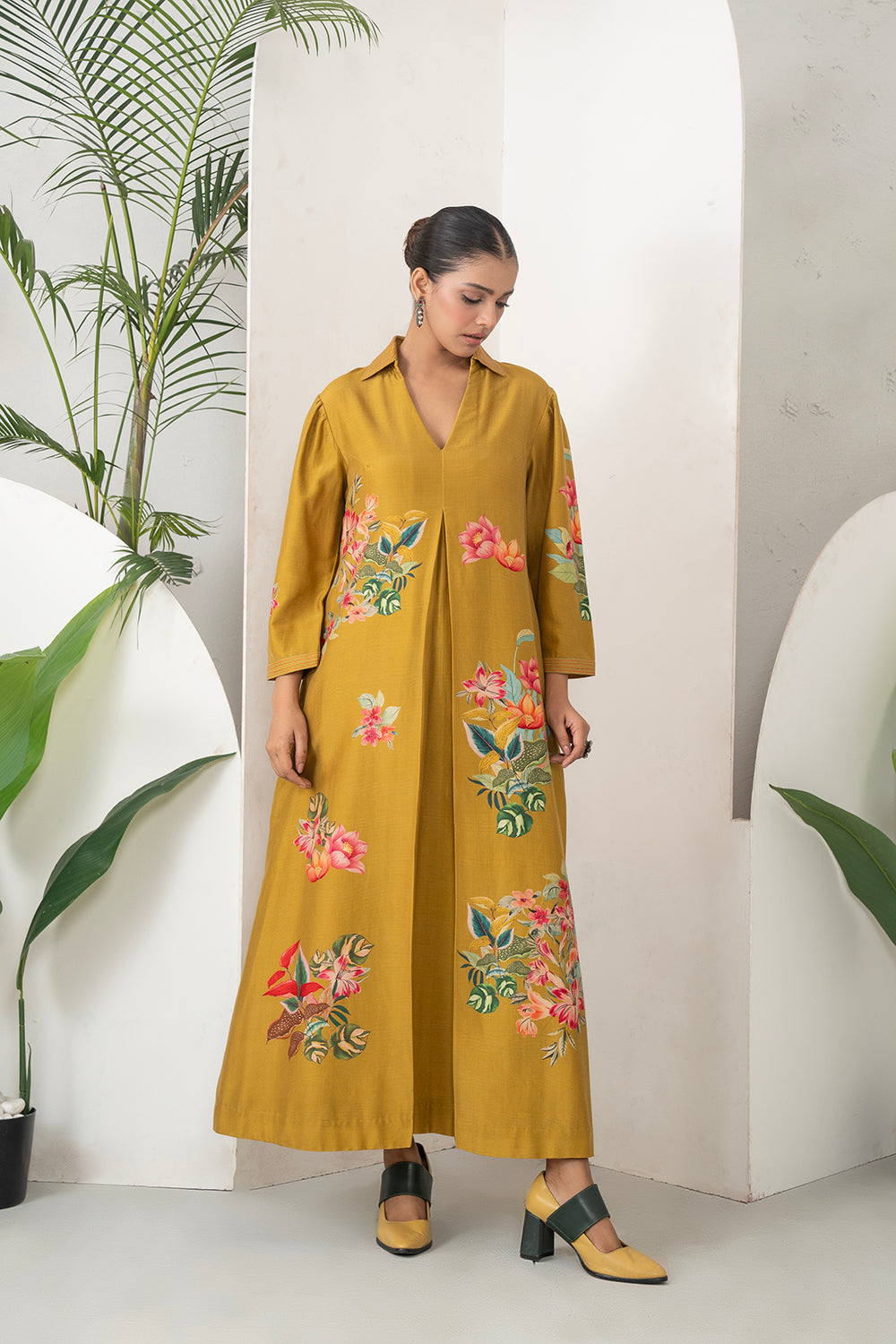 Mustard Silk Chanderi Front Pleat Detailed Colourful Floral Printed Dress Set (2 PCS)