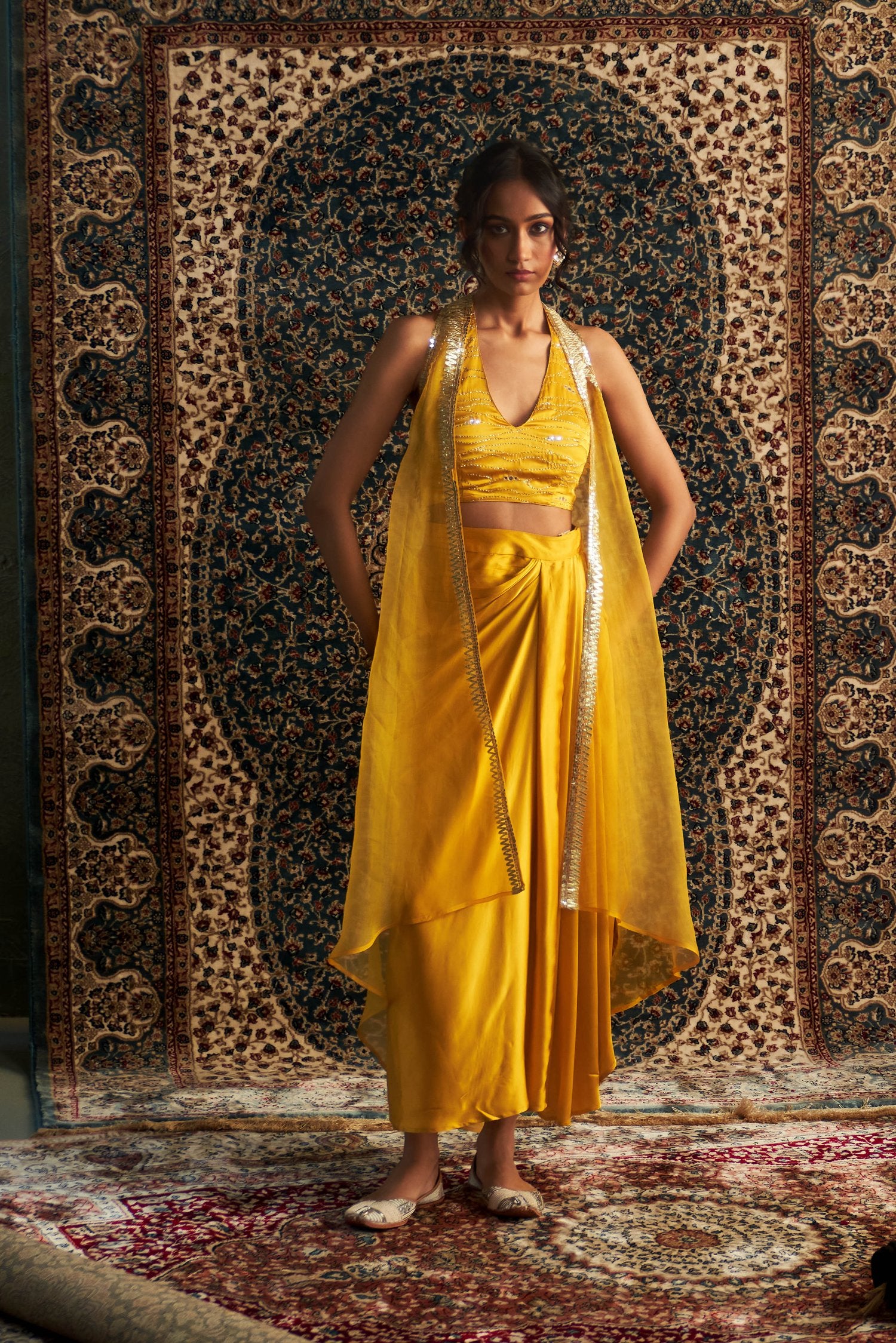 Marigold Embroidered Jacket With Draped Skirt Set