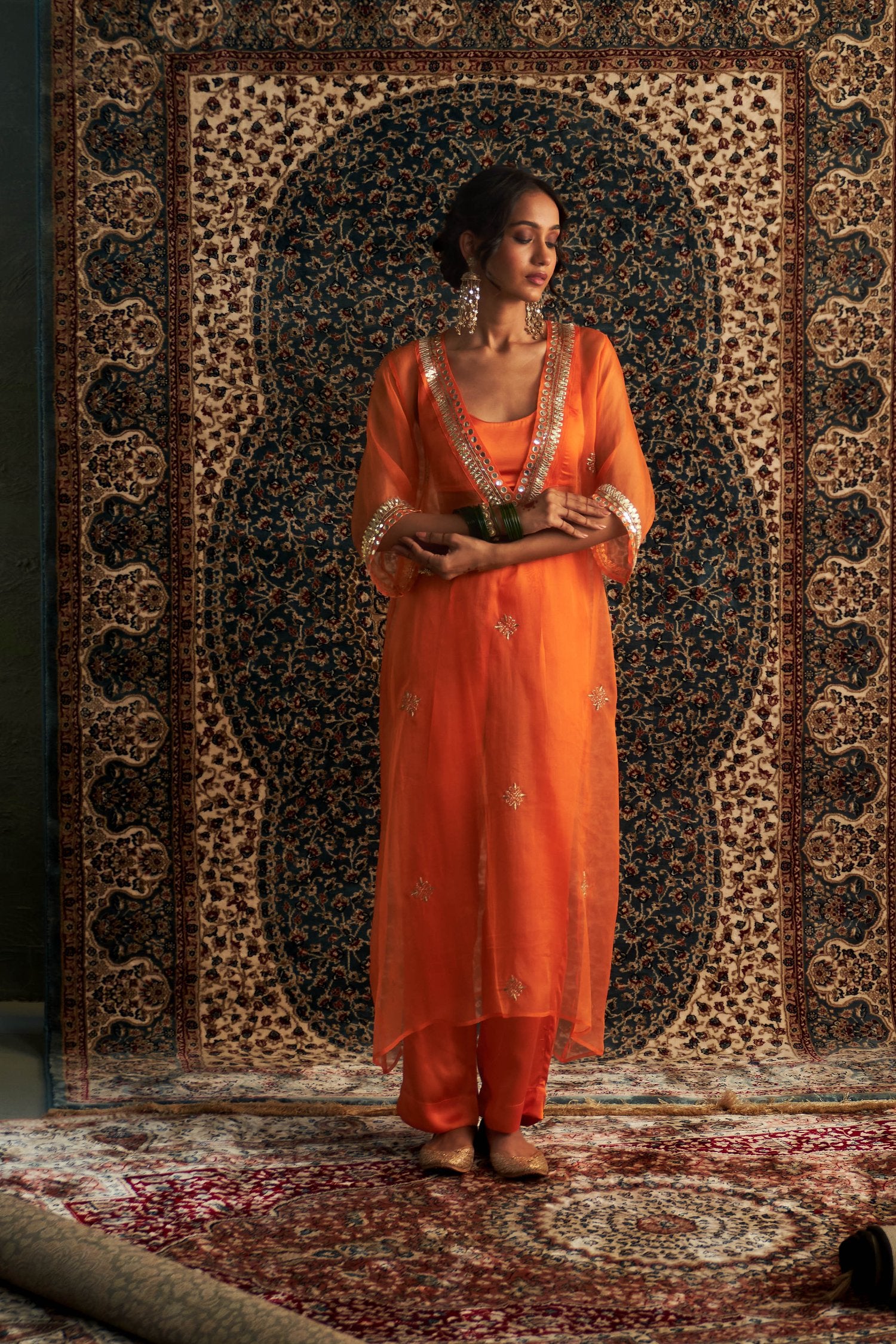 Saffron Embroidered V Neck Co-Ord Set/ Kurta Set