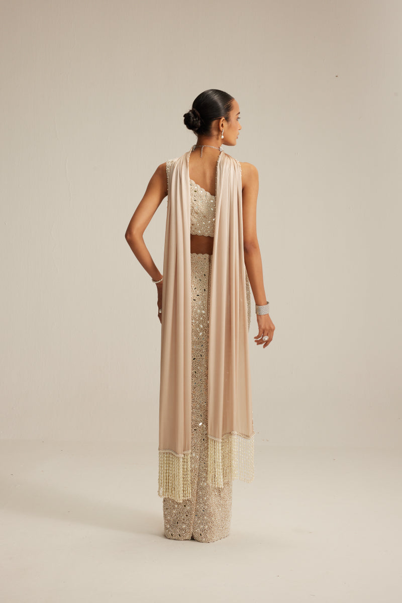 Light Beige One Shoulder Pencil Skirt With Stole Set