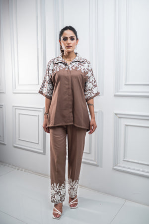 Brown Floral Embroidered Co-ord Set For Women -inching india