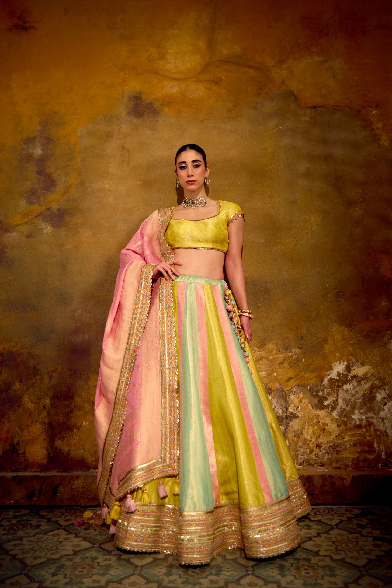 Naad Pari- Pastel Tones Multi Colour Lehenga with Cap Sleeves blouse and Dupatta