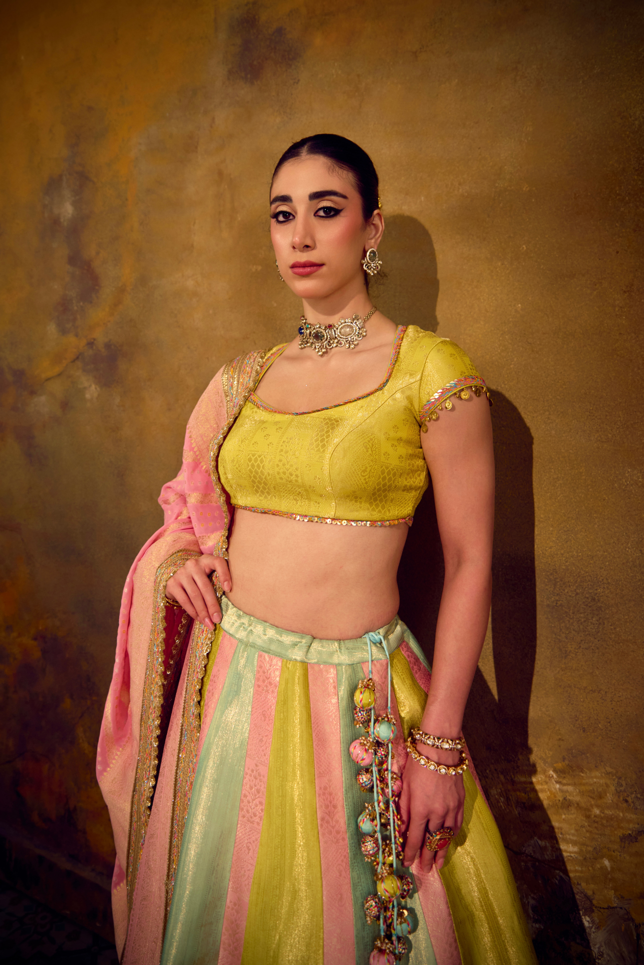 Naad Pari- Pastel Tones Multi Colour Lehenga with Cap Sleeves blouse and Dupatta
