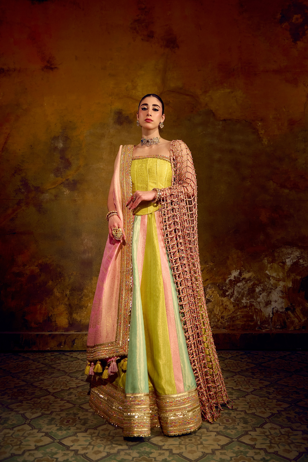 Naad Indradhanush- Pastel Tones Multi Colour Lehenga with Corset and Ghunghroo Jaal