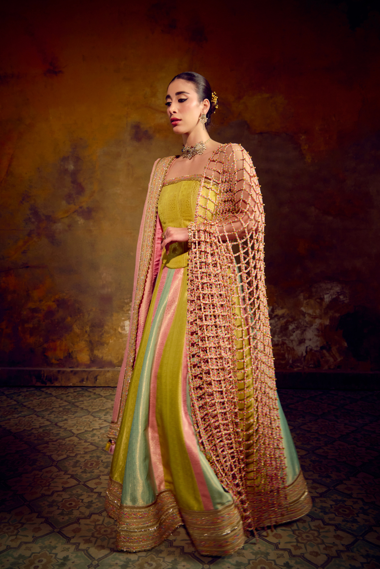 Naad Indradhanush- Pastel Tones Multi Colour Lehenga with Corset and Ghunghroo Jaal