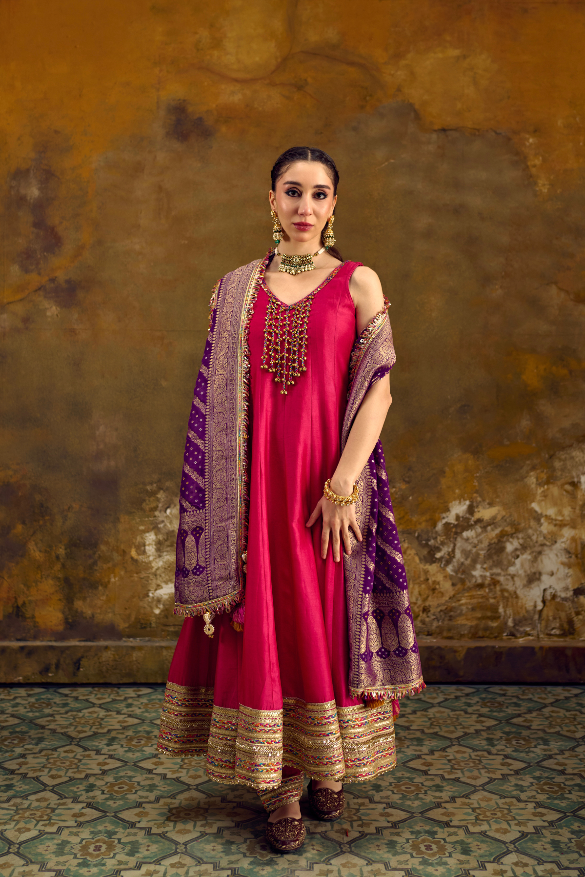 Naad Utsav - Pink Anarkali Set with Banarasi Bandhani Dupatta