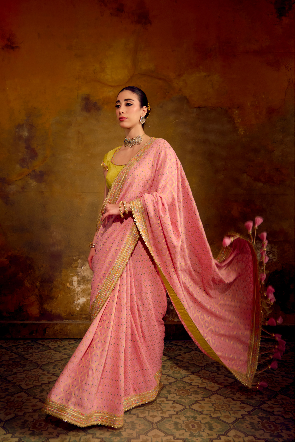 Naad Gulabo - Blush Pink Saree with Lime Green Blouse